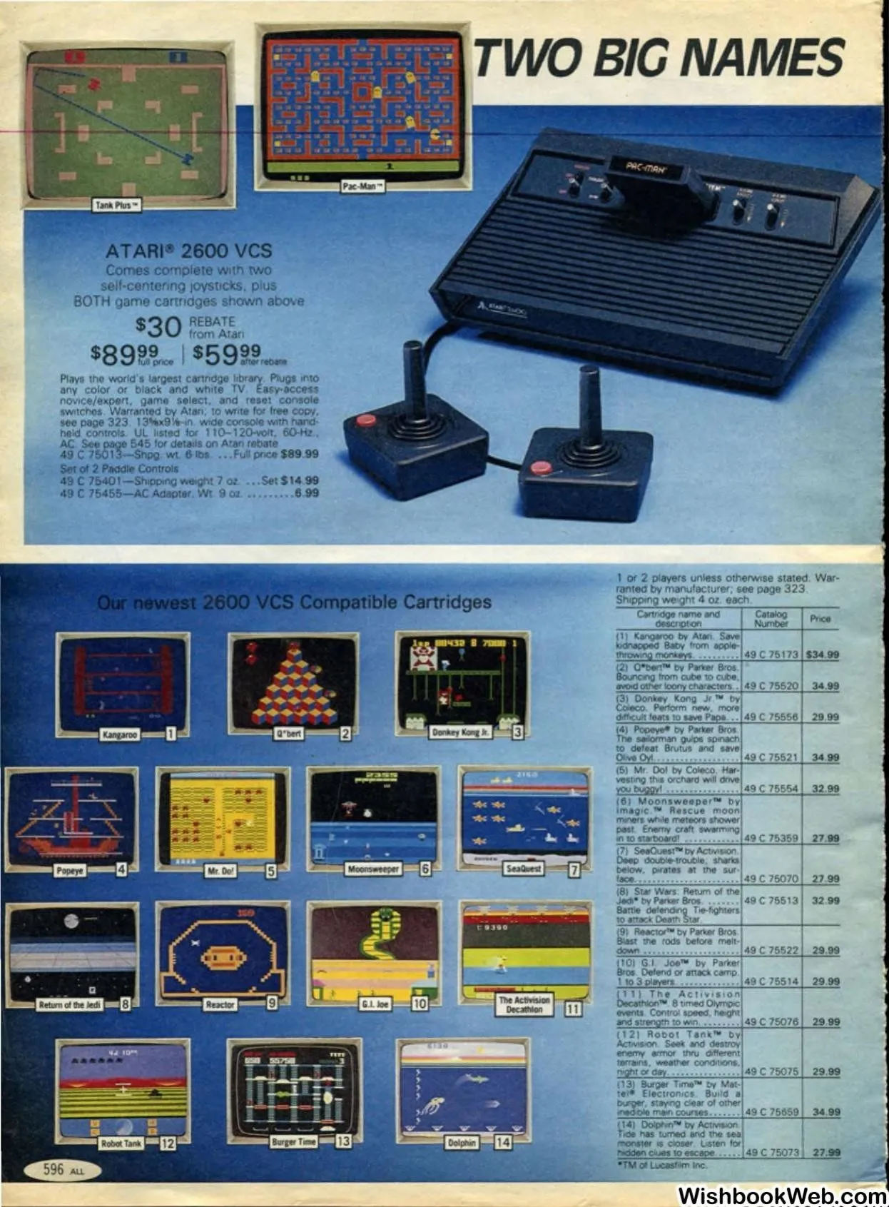 Sears Wish Book 1983 page 596: Atari 2600 system and cartridges with a $30 rebate offer