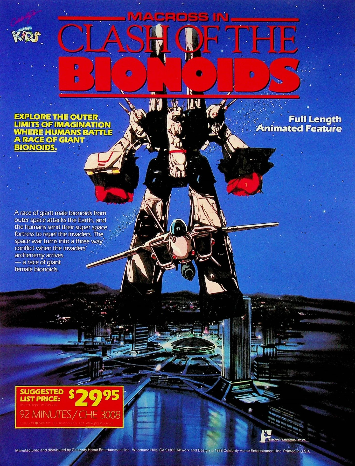 Sell sheet side one on a deep-blue starfield: 'MACROSS IN CLASH OF THE BIONOIDS' in red over a painted robot towering above a night city, with a red price box at lower left