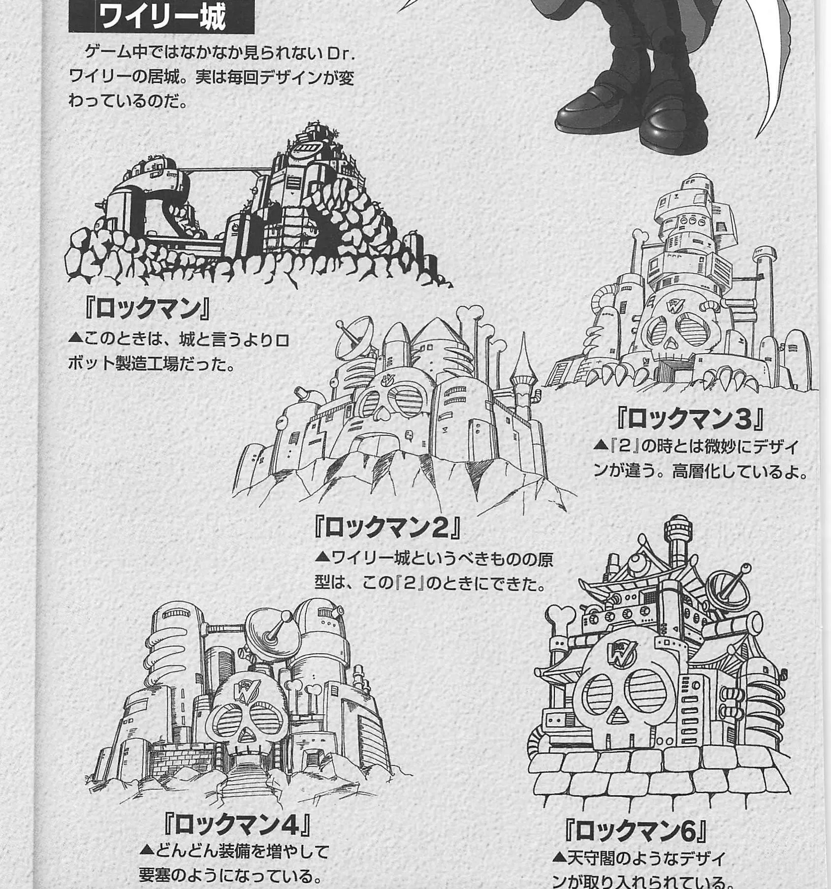 Line drawings of five fortress complexes on rocks and stone bases. Several have giant skull faces with grilled eyes, satellite dishes and towers; the last has curved, tiered Japanese castle roofs. Each is labeled with a Rockman game title in Japanese.