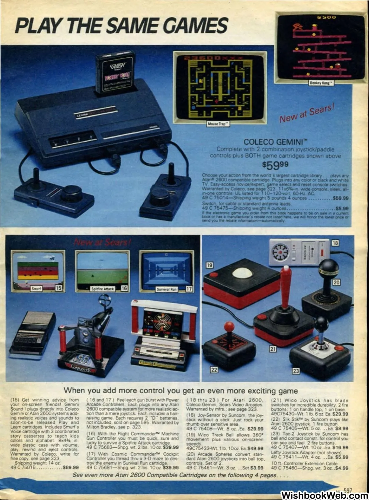 Sears Wish Book 1983 page 597: Coleco Gemini console listed at $59.99 with Mouse Trap and Donkey Kong