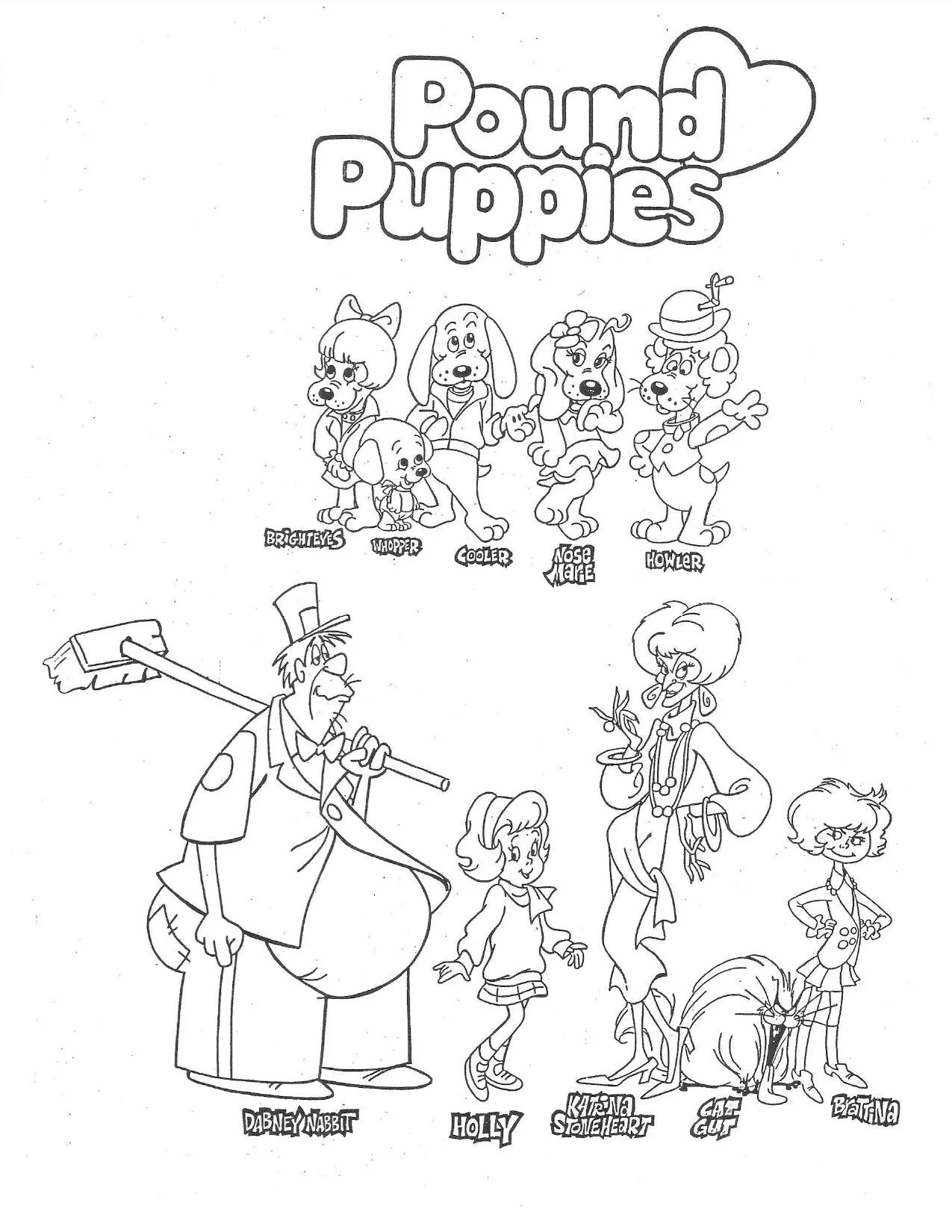 Black-and-white publicity line art: Pound Puppies logo over five puppies, with five human and animal characters below, each name lettered underneath