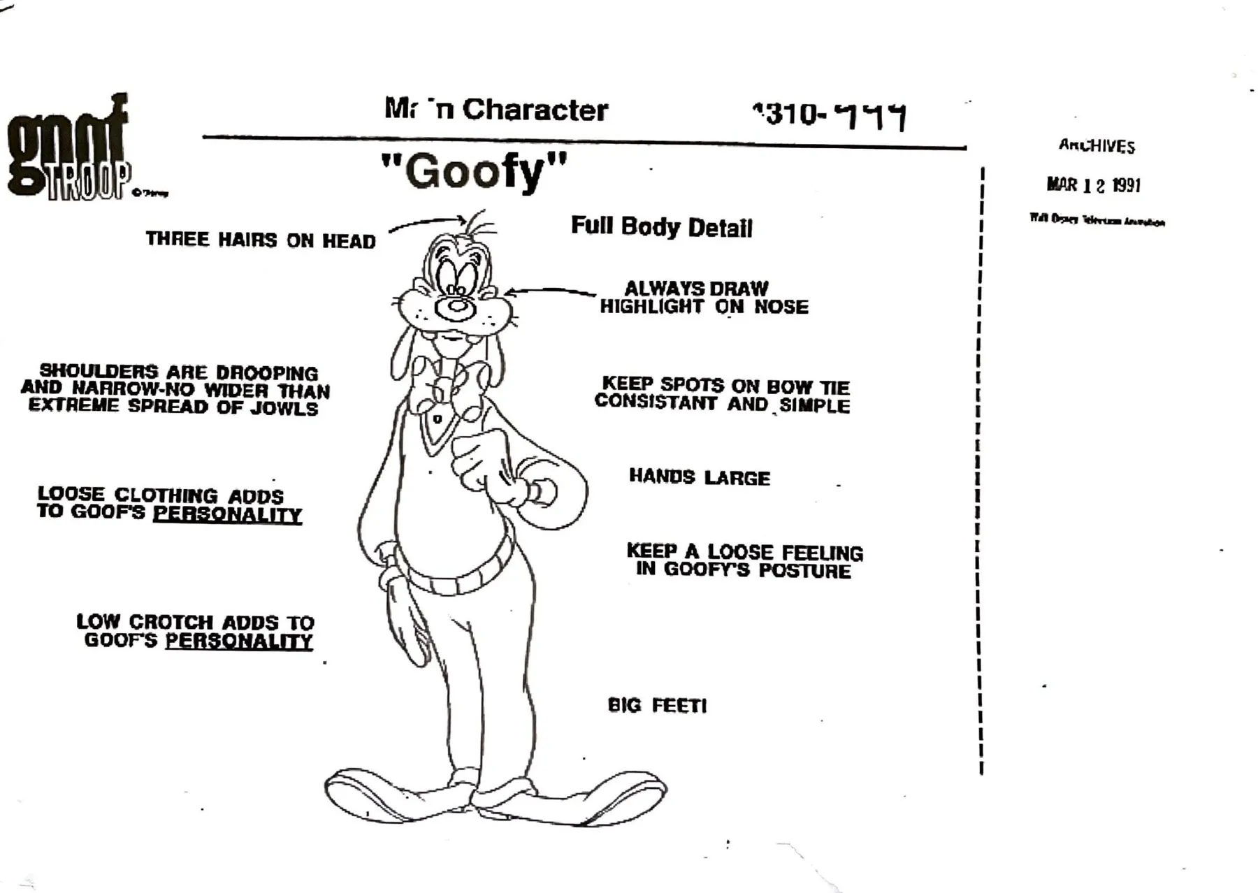 Goofy standing front-on surrounded by capital-letter notes with arrows, such as ‘THREE HAIRS ON HEAD’ and ‘BIG FEET!’