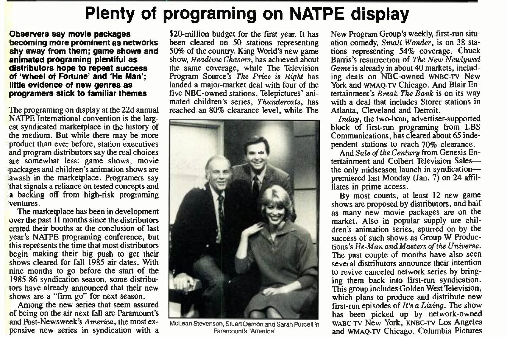 Magazine page headed ‘Plenty of programing on NATPE display’, three text columns around a photo of three actors from Paramount’s America
