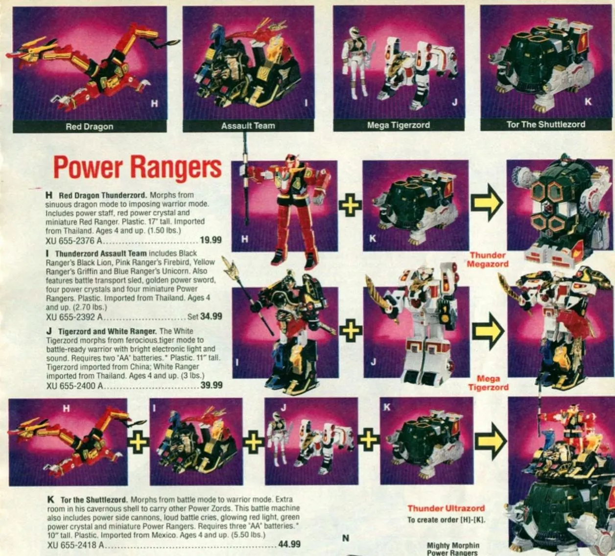 Catalog page with a red “Power Rangers” headline, product descriptions with prices and photos of toys on purple backgrounds: a red dragon robot, a black-and-gold group of beast vehicles, a white tiger with a small White Ranger figure, and a large green turtle-shaped vehicle. Plus signs and yellow arrows combine them into larger robots labeled Thunder Megazord, Mega Tigerzord and Thunder Ultrazord.