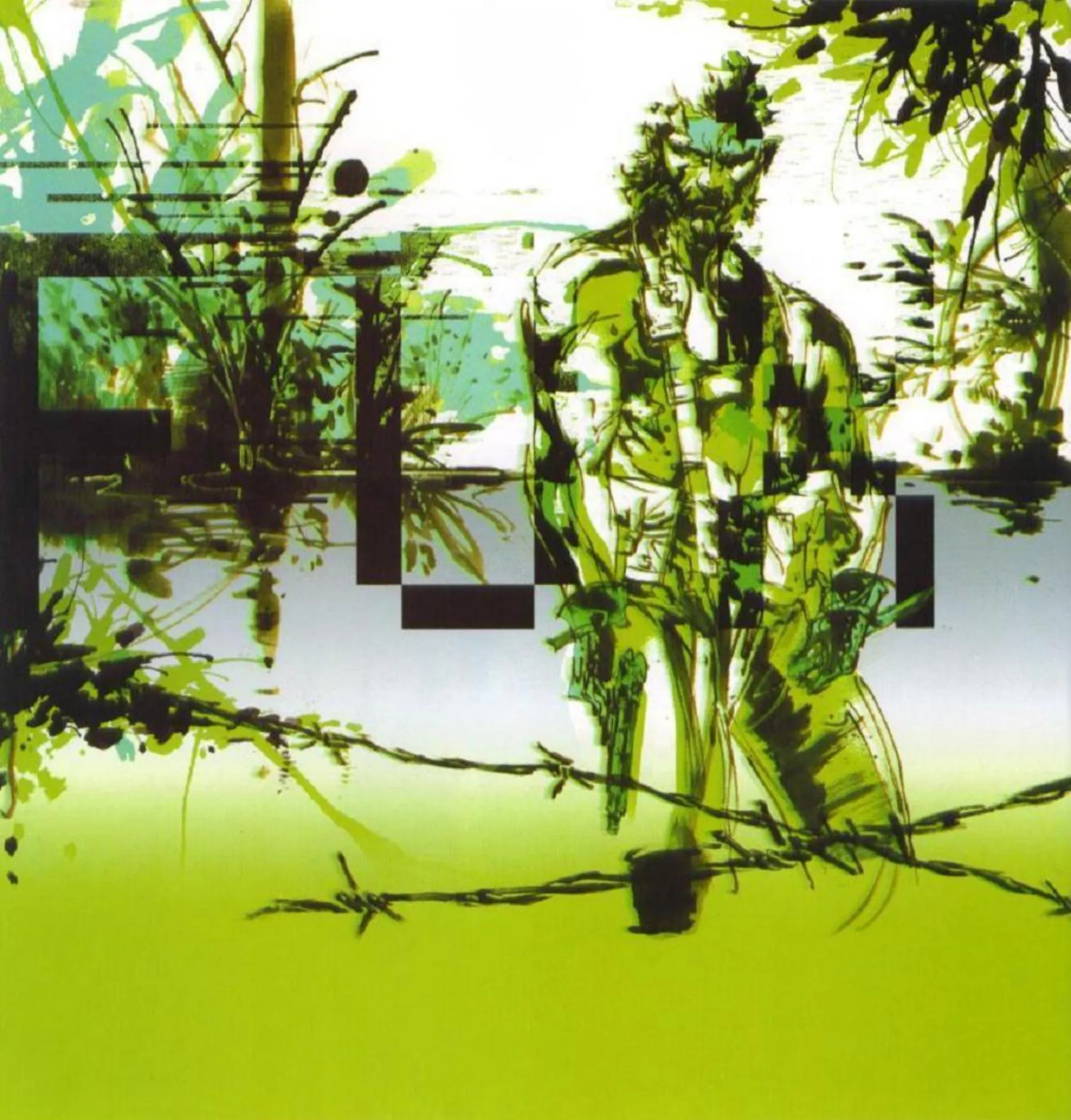 A bandana-wearing soldier amid green washes, dark vegetation-like strokes, geometric blocks and foreground barbed wire
