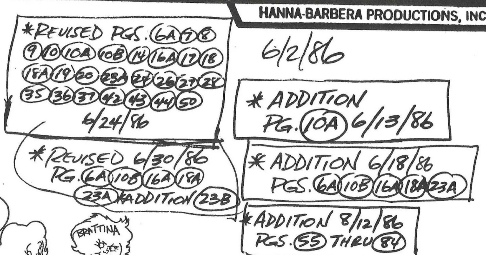 Close-up of the boxed notes on sheet 1: revised pages dated 6/24/86 and 6/30/86, additions dated 6/13/86, 6/18/86 and 8/12/86