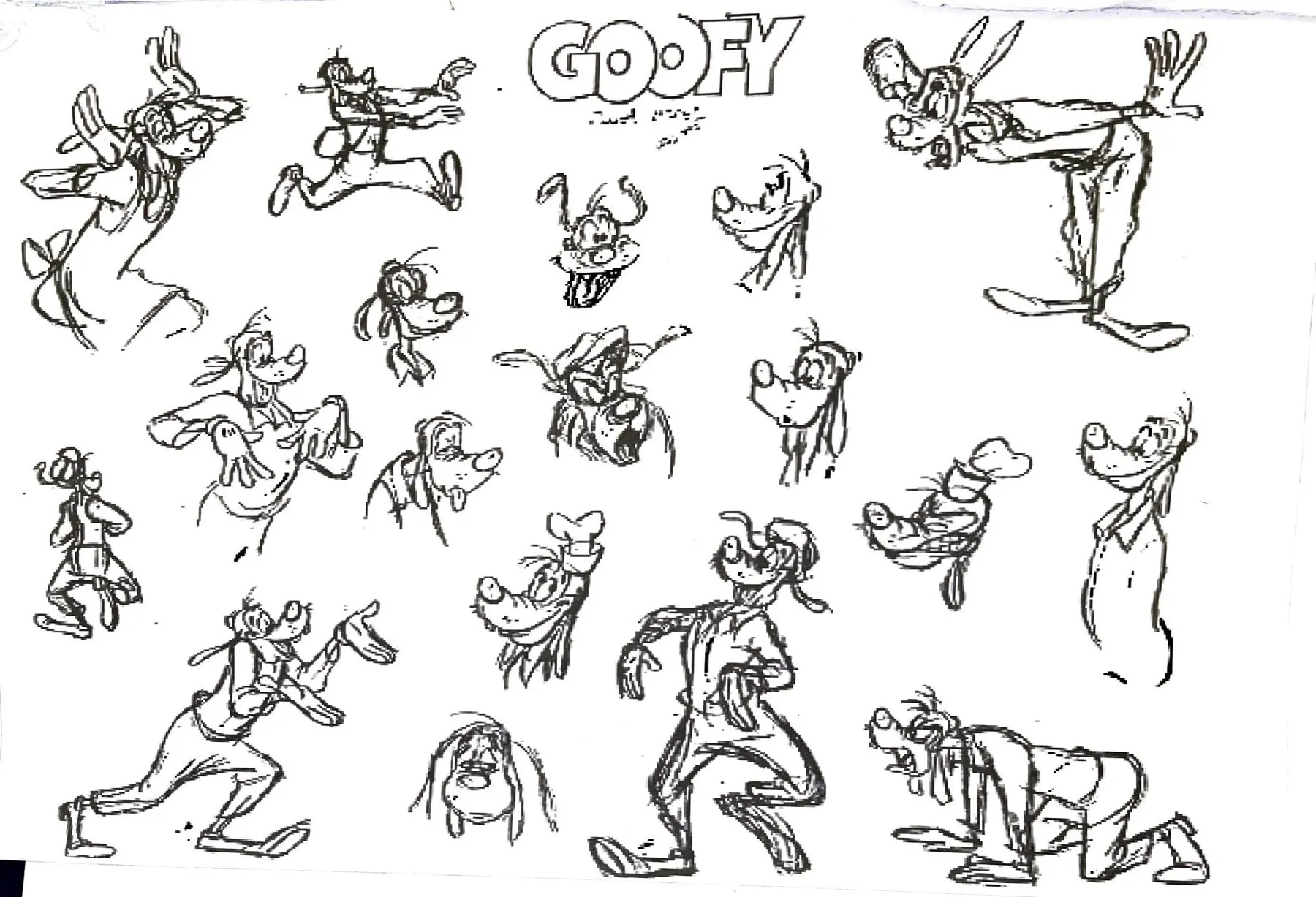 Loose pencil sheet of about two dozen Goofy poses around an outlined ‘GOOFY’ logo