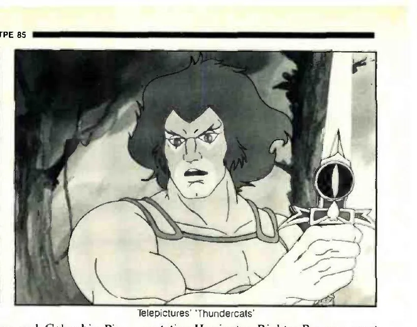 Black-and-white frame of Lion-O with long hair holding a sword with an eye emblem on the hilt, captioned ‘Telepictures’ Thundercats’