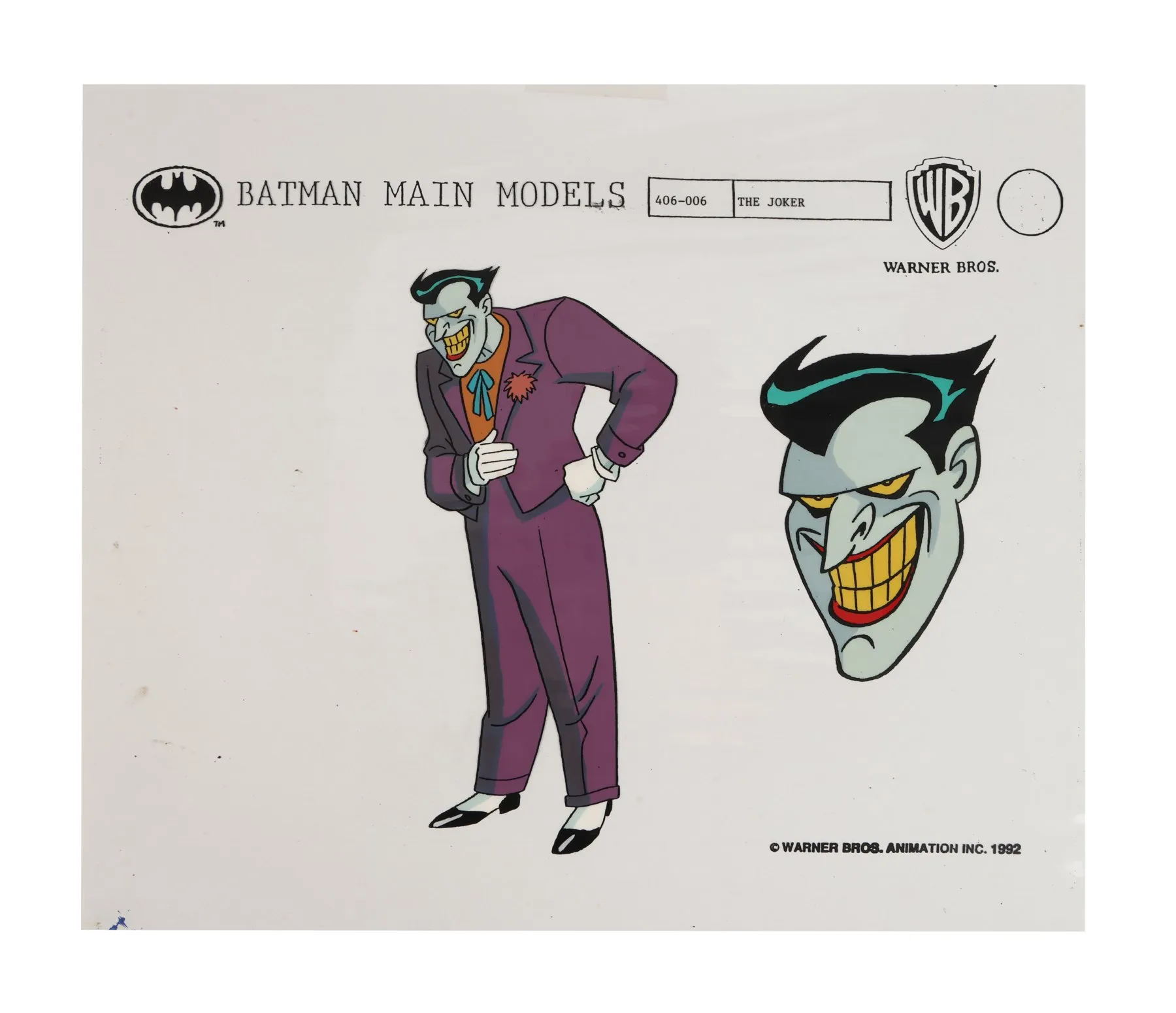 The Joker in a purple suit and orange vest beside a large head with green hair highlights, yellow teeth and a red mouth