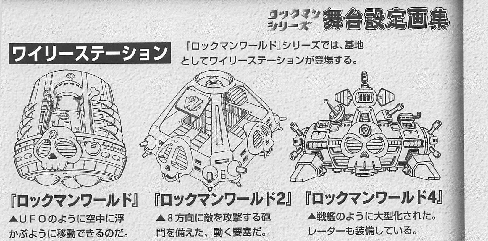 Three line drawings of skull-faced flying bases: a round drum shape, a spiked pyramid with gun ports, and a wide armored craft with a radar dish.