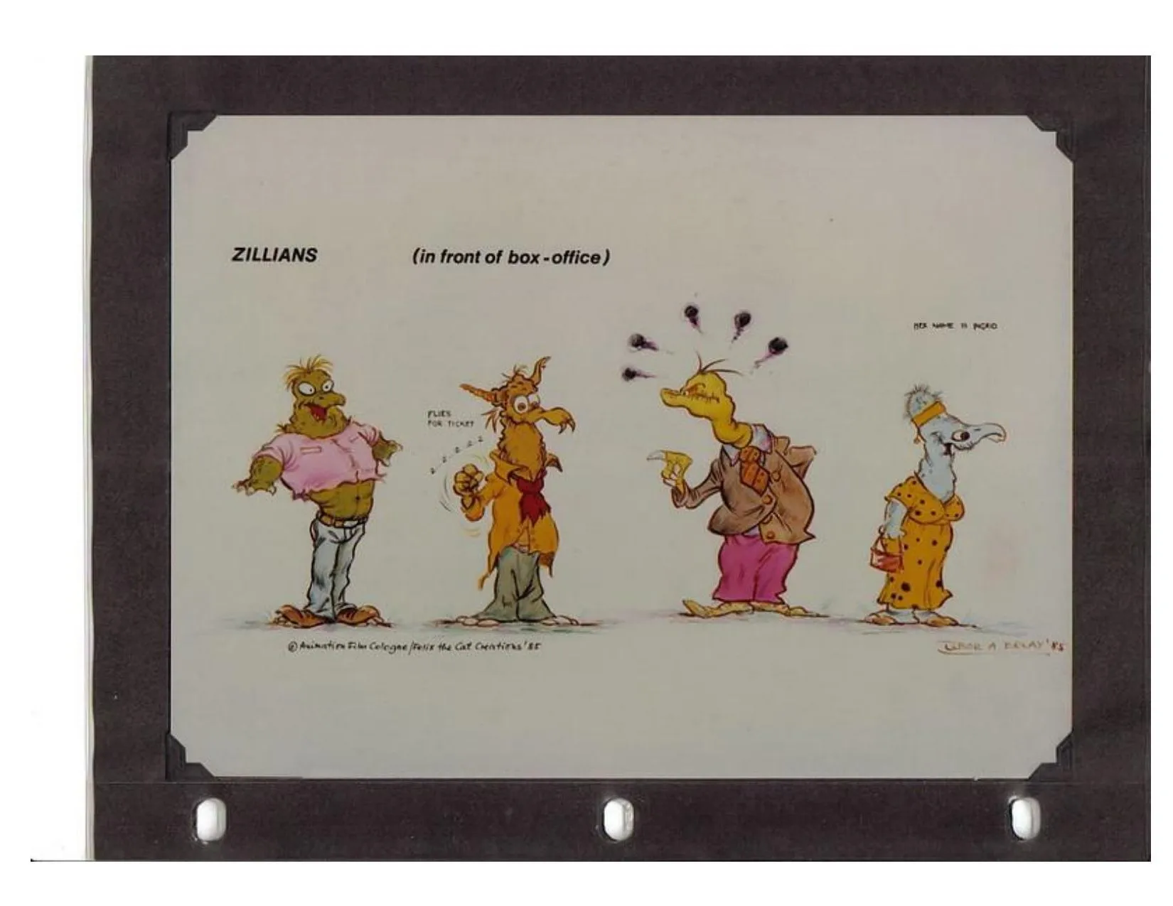 Colour presentation board in a black album mount: four Zill creatures in a row under ‘ZILLIANS (in front of box-office)’