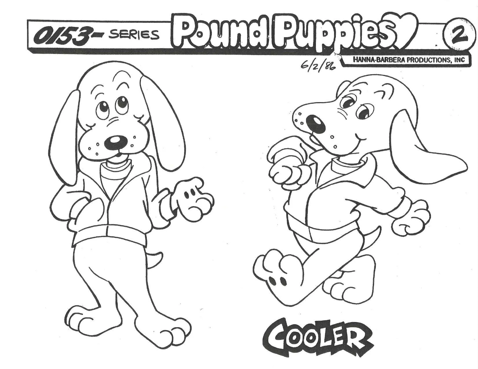 Model sheet 2 dated 6/2/86: Cooler in a zip jacket, front and three-quarter walking views, header 0153- SERIES