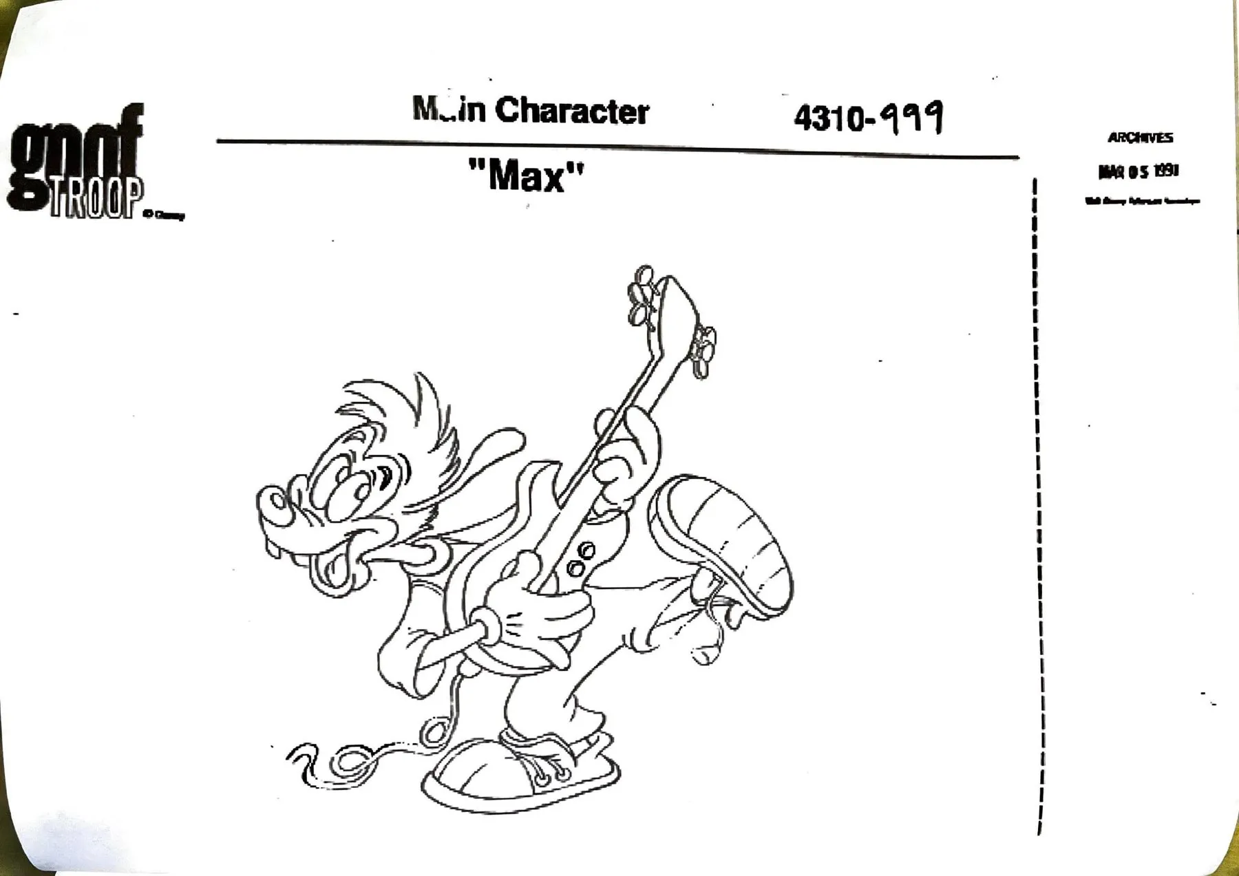 Max with spiky hair playing an electric guitar mid-kick, on the standard template stamped in March 1991