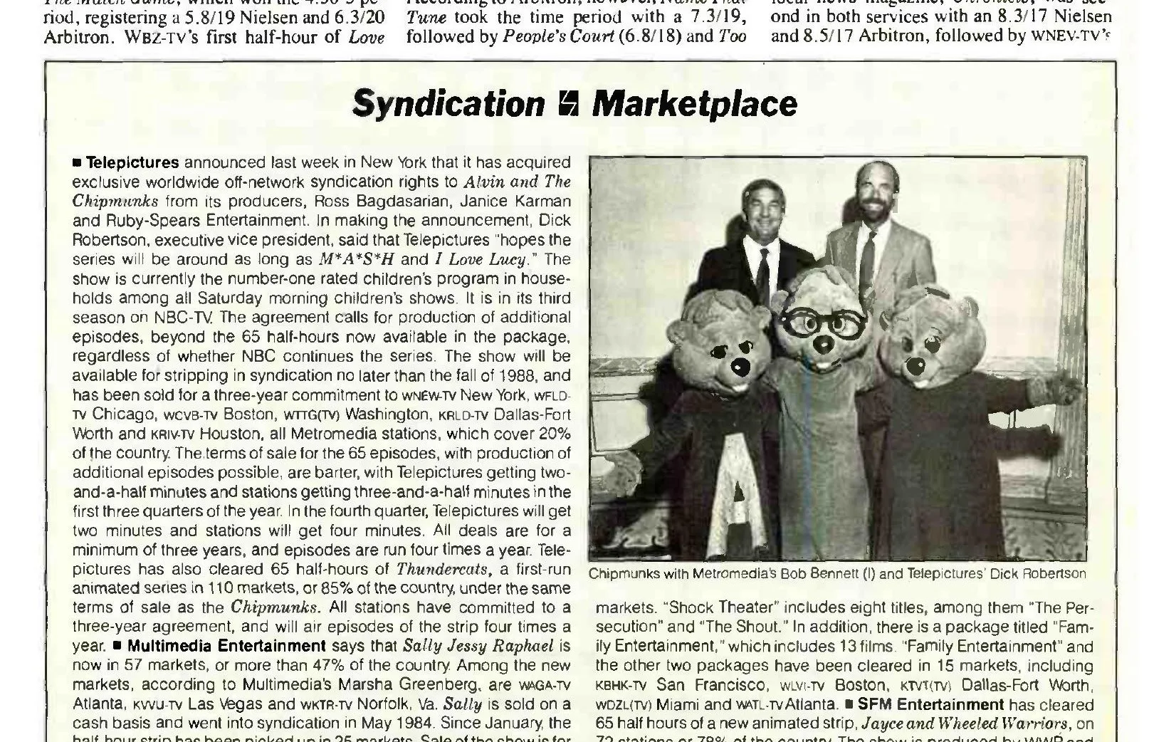 ‘Syndication Marketplace’ column with a photo of three people in Chipmunk costumes beside two executives in suits