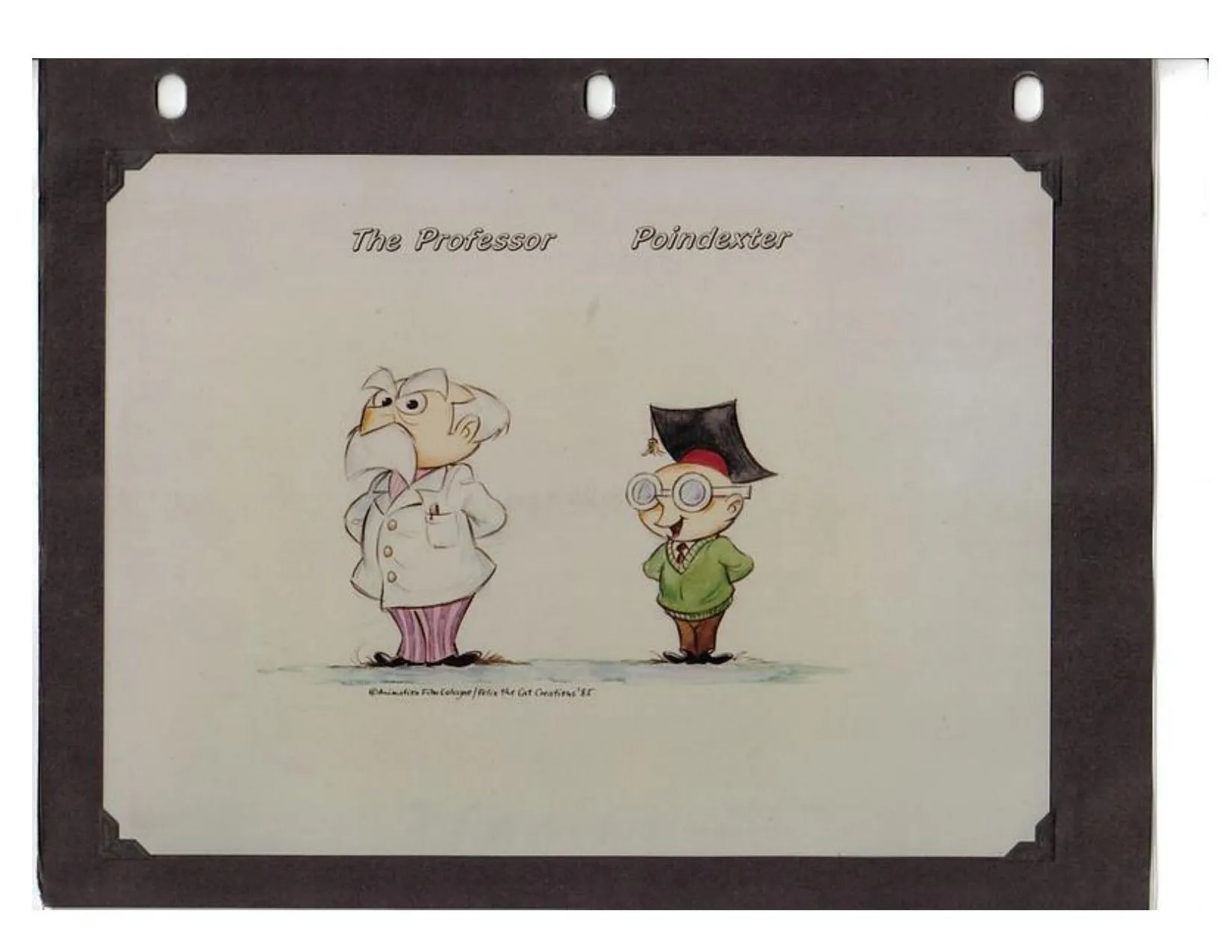Colour board in a black mount: the Professor in a white coat and Poindexter in a mortarboard and green sweater