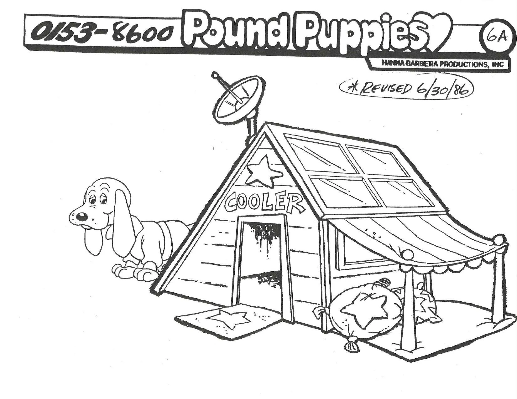 Sheet 6A, header 0153-8600: Cooler lying beside his A-frame doghouse with a satellite dish, awning and stars