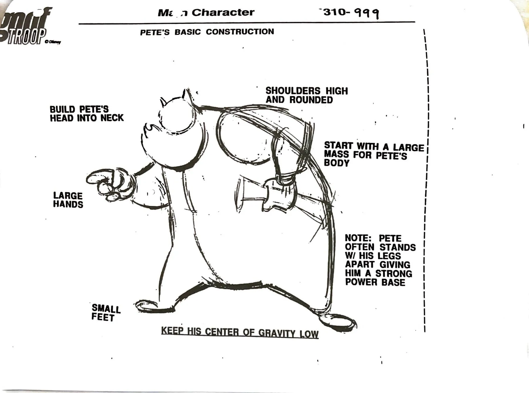 Rough drawing of Pete pointing, built from large round masses, with notes such as ‘KEEP HIS CENTER OF GRAVITY LOW’