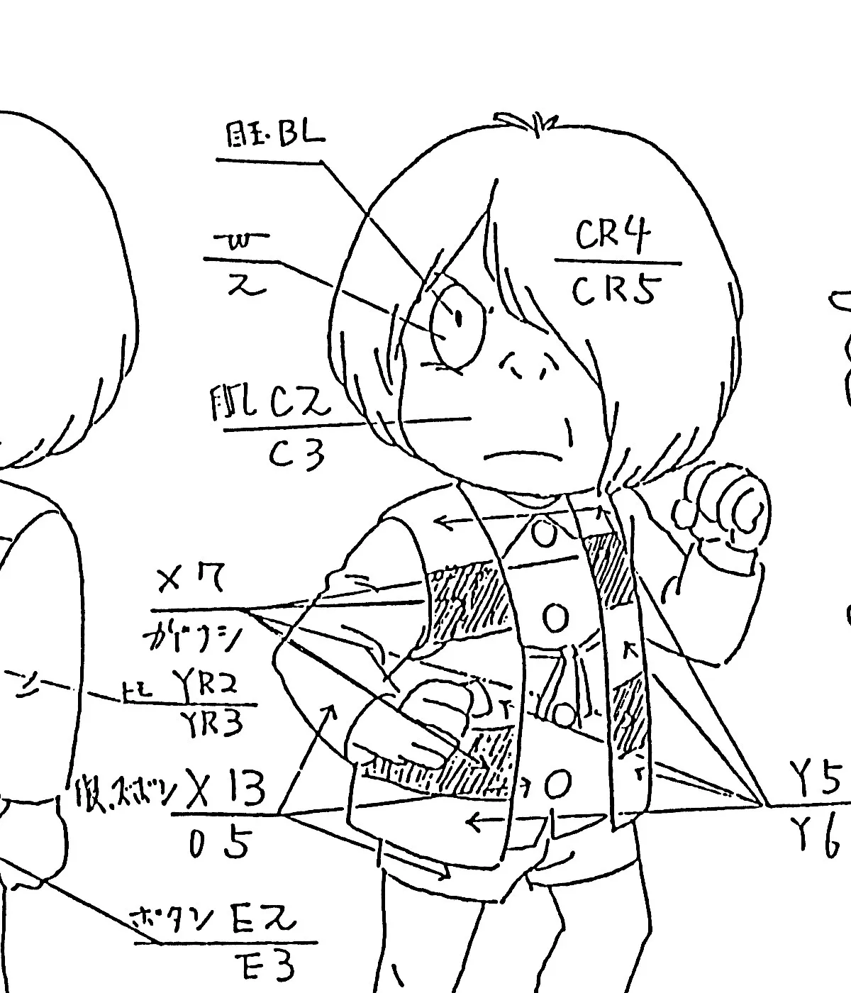Close-up of the second Kitaro figure with handwritten labels 目玉 BL, W over 2, 肌 C2 over C3, CR4 over CR5, X7 marked カゲナシ, ヒモ YR2 over YR3, 服・ズボン X13 over O5, ボタン E2 over E3 and Y5 over Y6