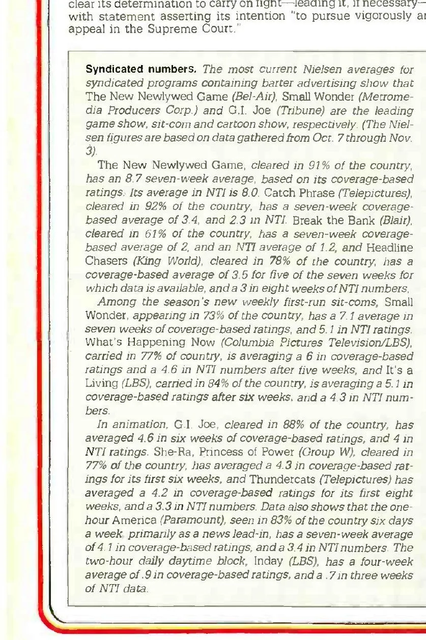 Boxed italic item headed ‘Syndicated numbers’ listing Nielsen averages, with a paragraph on G.I. Joe, She-Ra and Thundercats