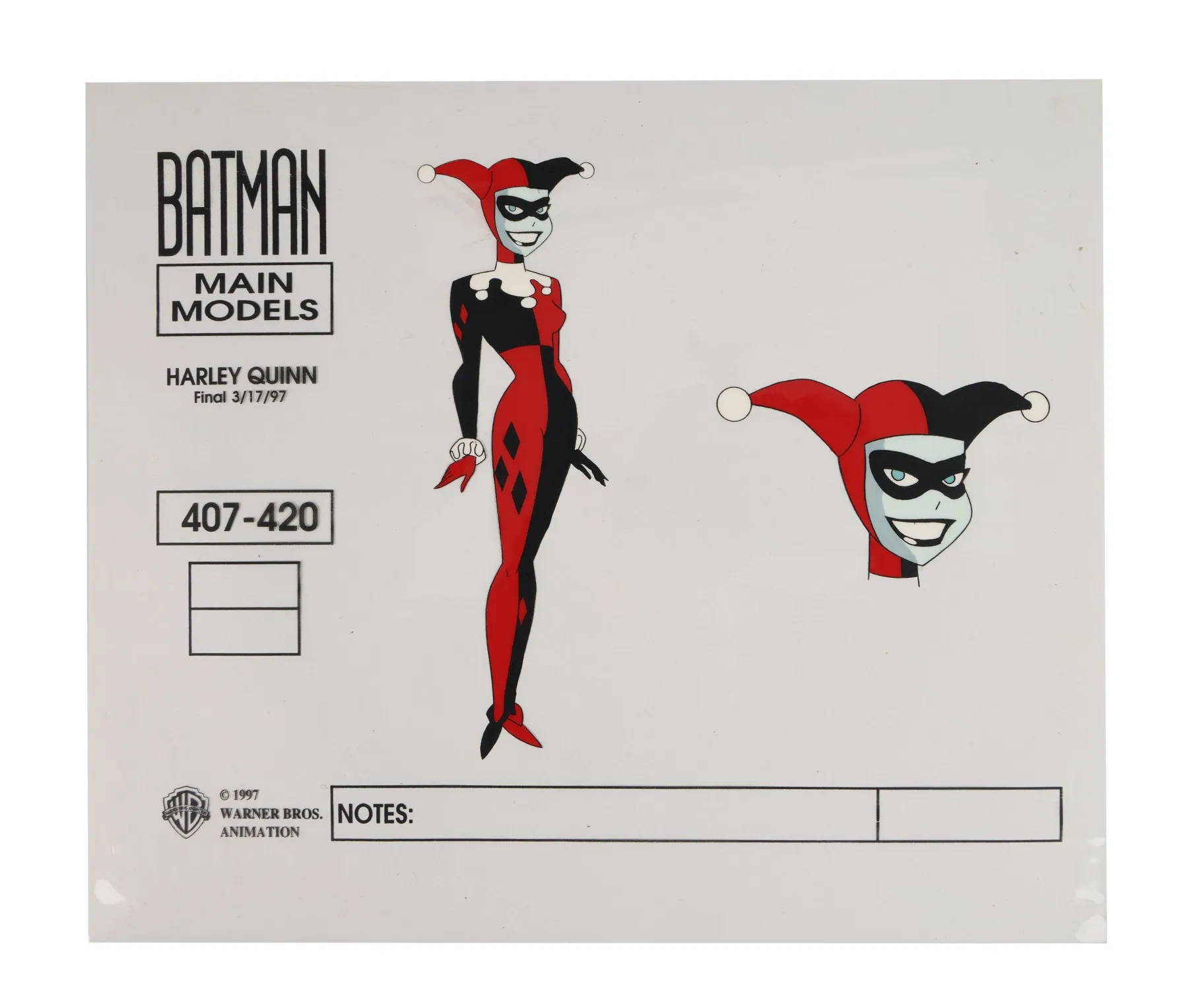 Harley Quinn’s alternating red-and-black costume and enlarged head on a model labeled Final 3/17/97
