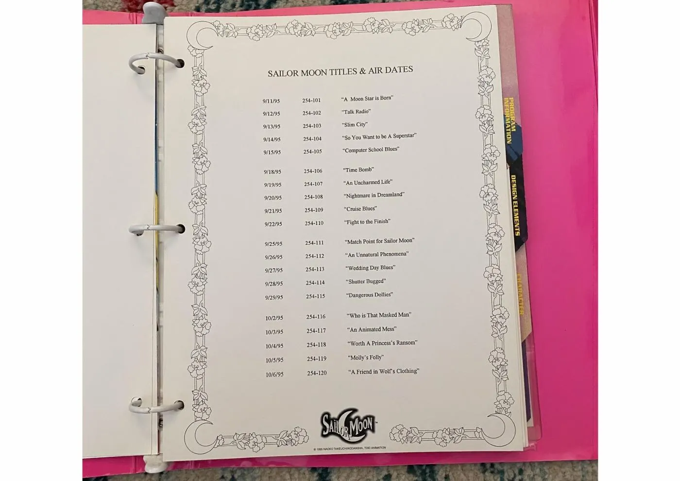 Historical catalogue crop showing “Sailor Moon Titles & Air Dates,” 9/11/95–10/6/95, in the station binder.