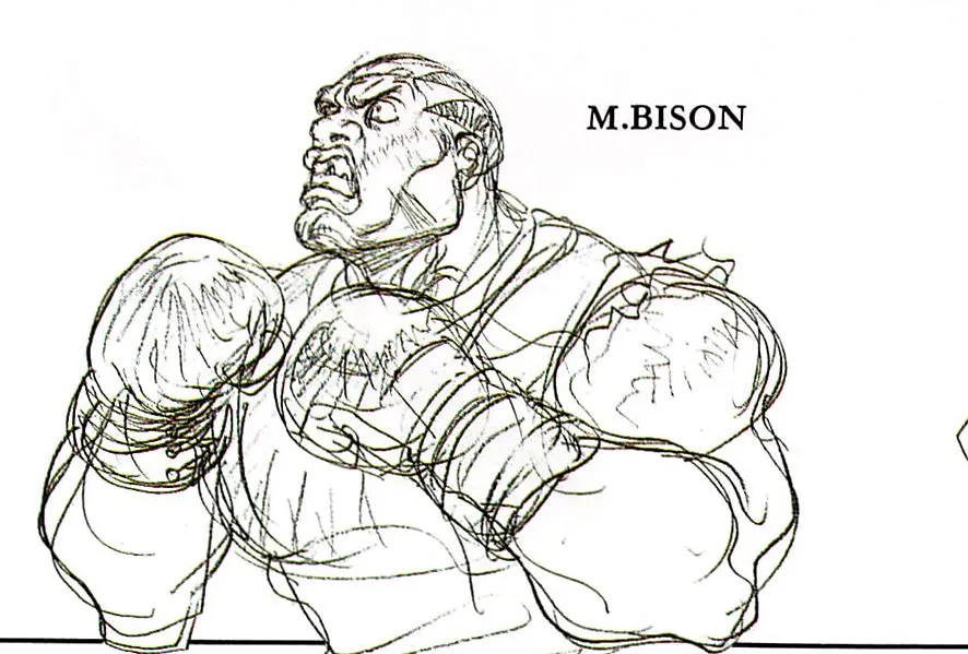A pencil drawing of a heavily muscled boxer with his gloved arms folded across his chest, labeled “M.BISON” in small capital letters.