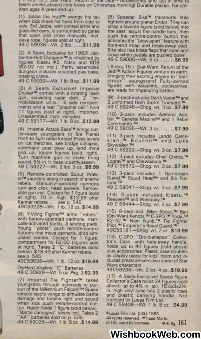 Detail of Sears Wish Book 1983 page 161 listing text for the Space Figure Collector’s Case, ‘Not licensed by Lucas Film Ltd.’
