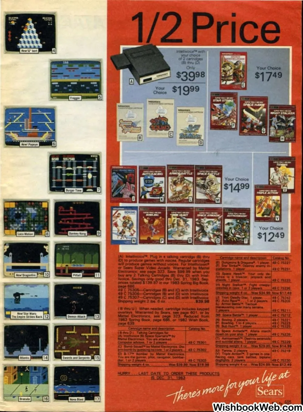 Sears Wish Book 1983 page 605: ‘1/2 Price’ Intellivoice and cartridge page with Dec. 31, 1983 order deadline