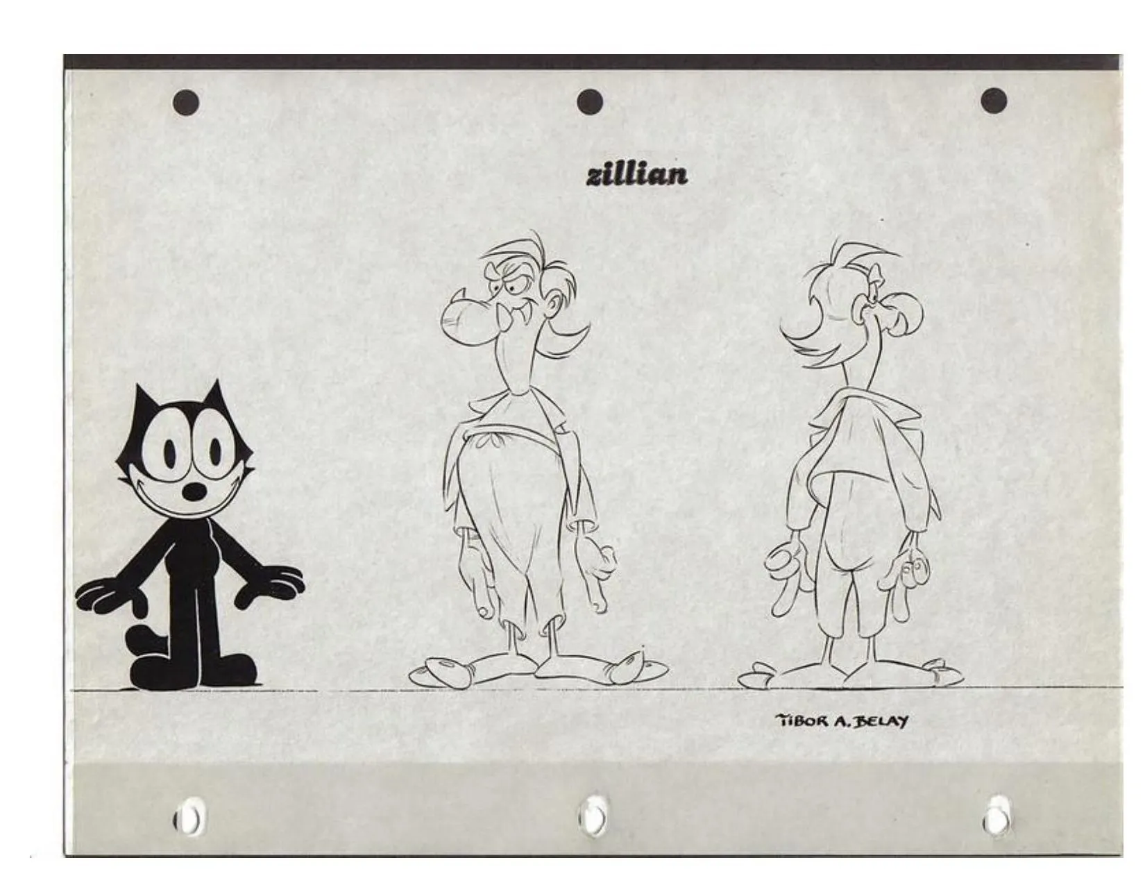 Punched model sheet titled ‘zillian’: a solid-black Felix at left and a lanky long-nosed Zill native in front and back views, signed Tibor A. Belay