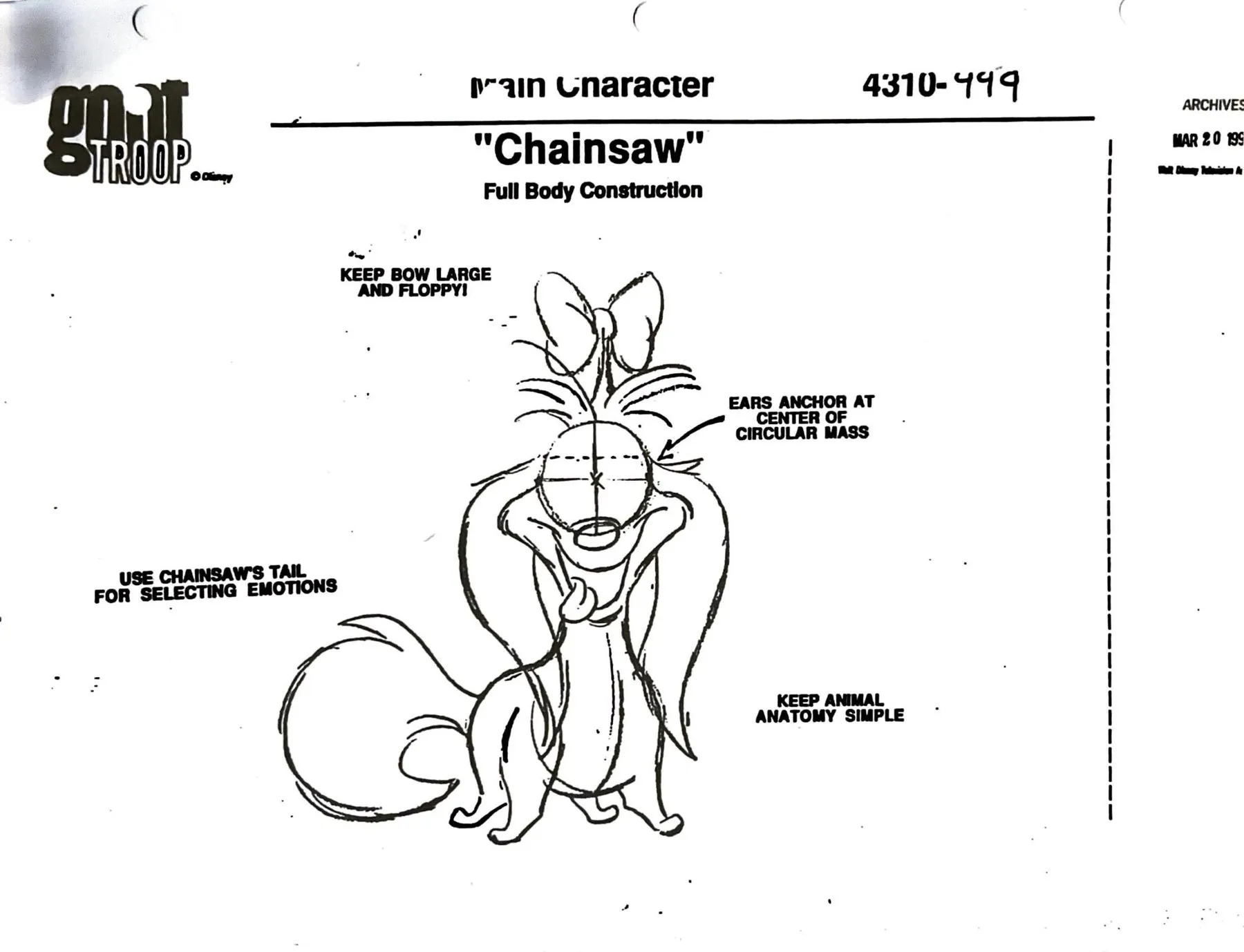 Small long-eared dog with a big bow sitting up, construction lines on the head, notes about the bow, tail and anatomy