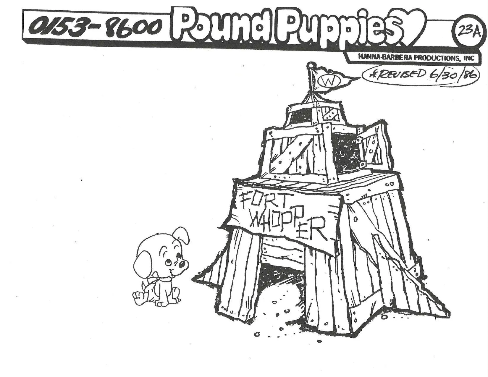 Sheet 23A: small Whopper sitting by a plank tower signed FORT WHOPPER with a W pennant