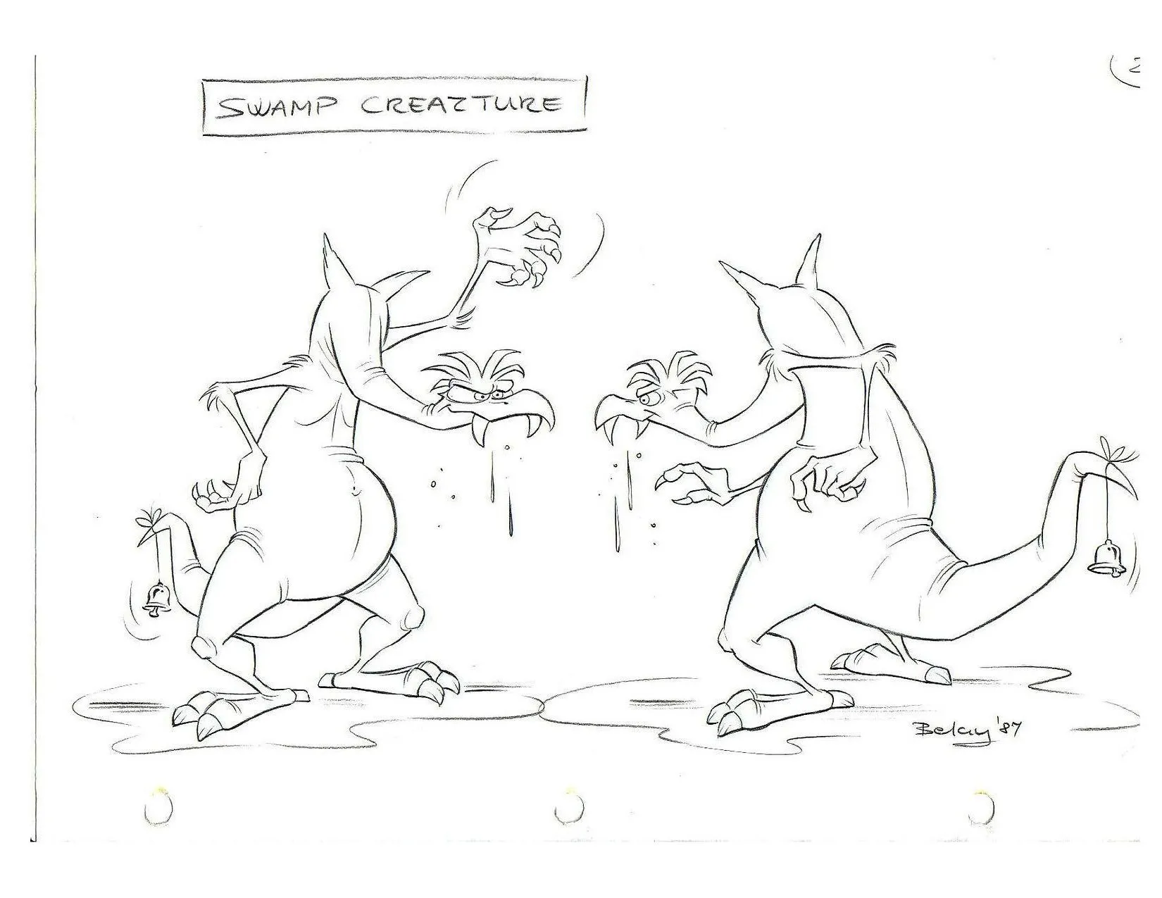 Pencil sheet boxed ‘SWAMP CREAZTURE’: two poses of a long-necked creature with a bell on its tail, signed Belay ’87