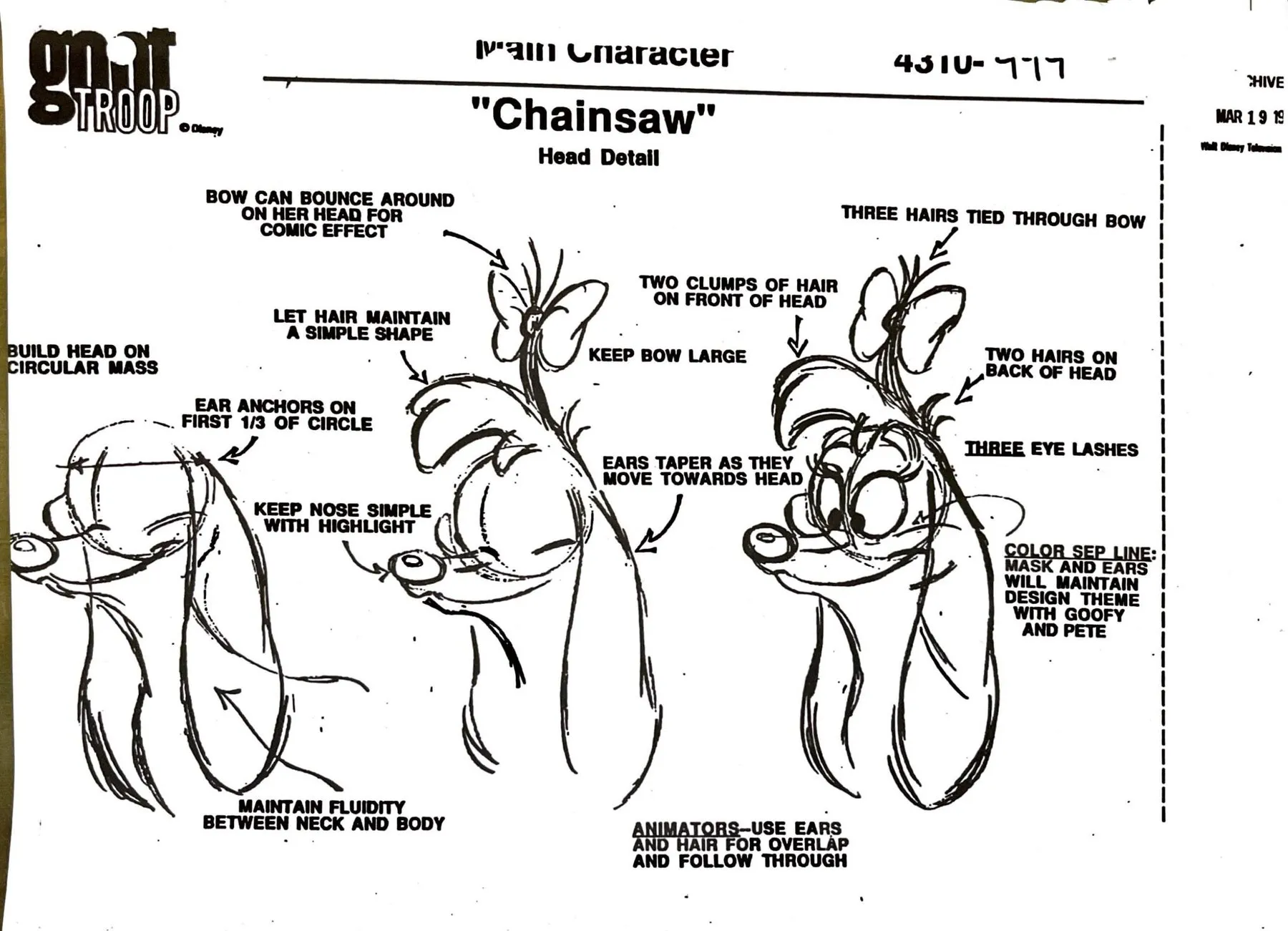 Three views of the dog’s head, from circle construction to finished face, with notes on bow, hair, ears and eyelashes