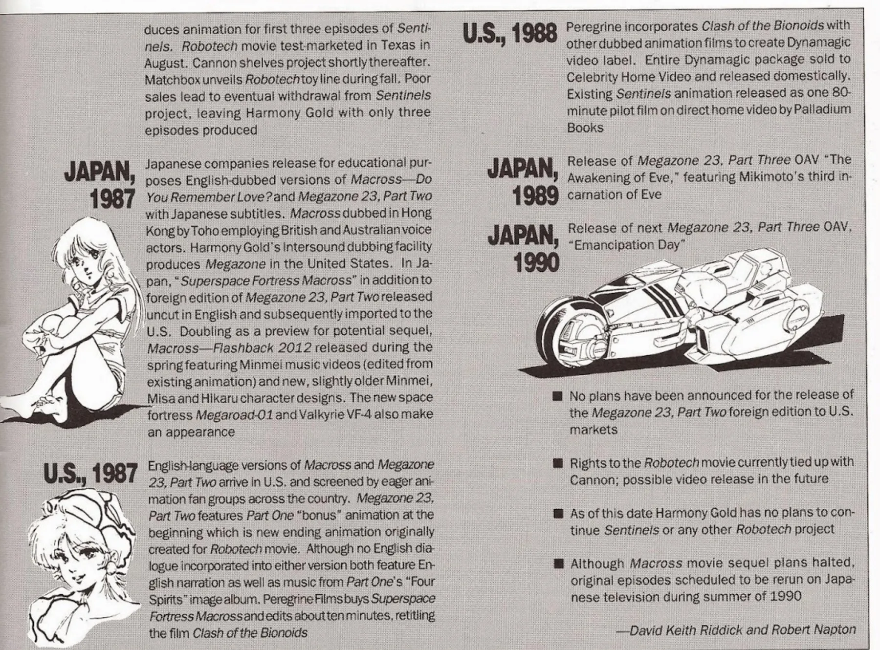 Grey-tinted chronology box from Animag page 13 with entries headed Japan 1987, U.S. 1987, U.S. 1988, Japan 1989 and Japan 1990