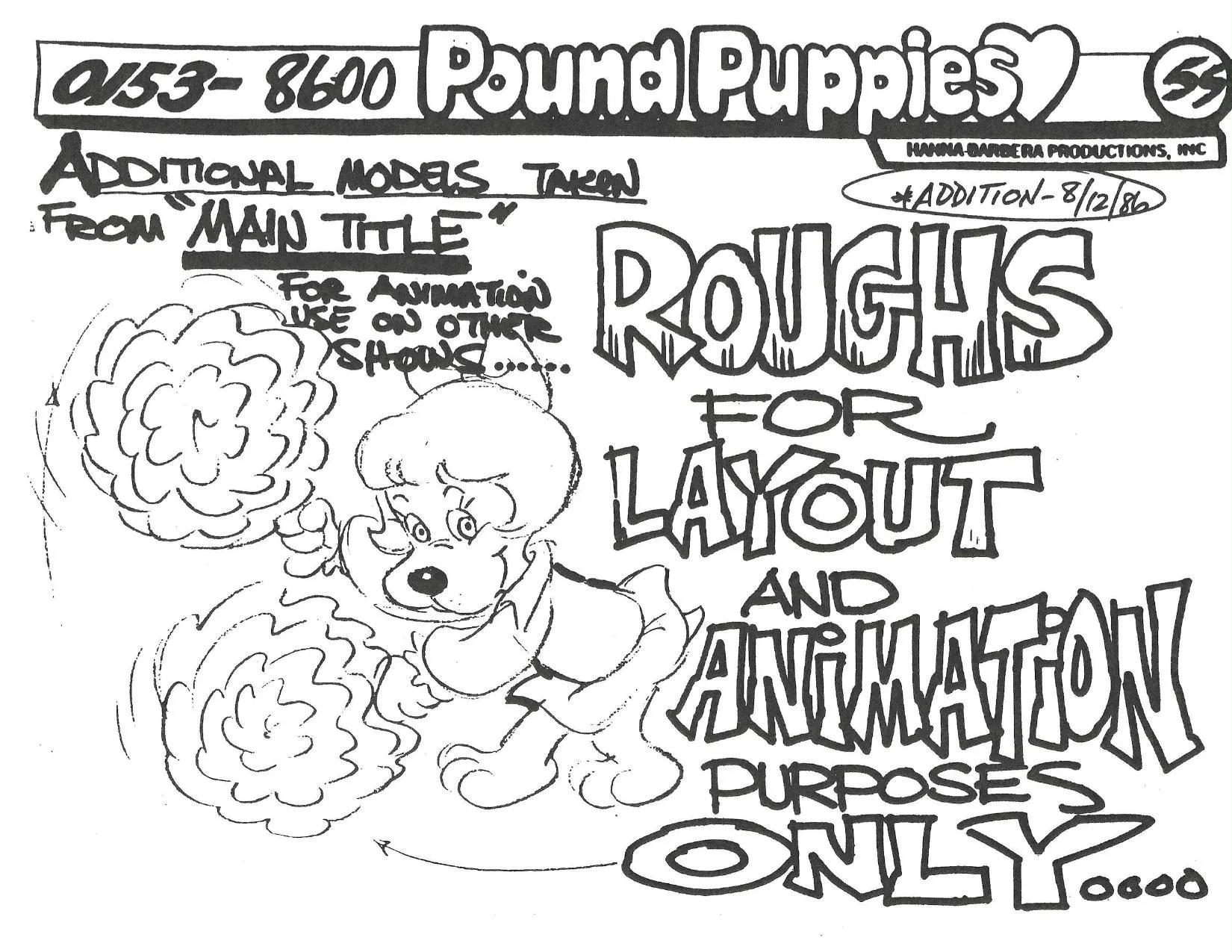 Sheet 55: loose sketch of a curly-haired puppy in a dust cloud, with notes ‘Additional models taken from Main Title’ and ‘Roughs for layout and animation purposes only’