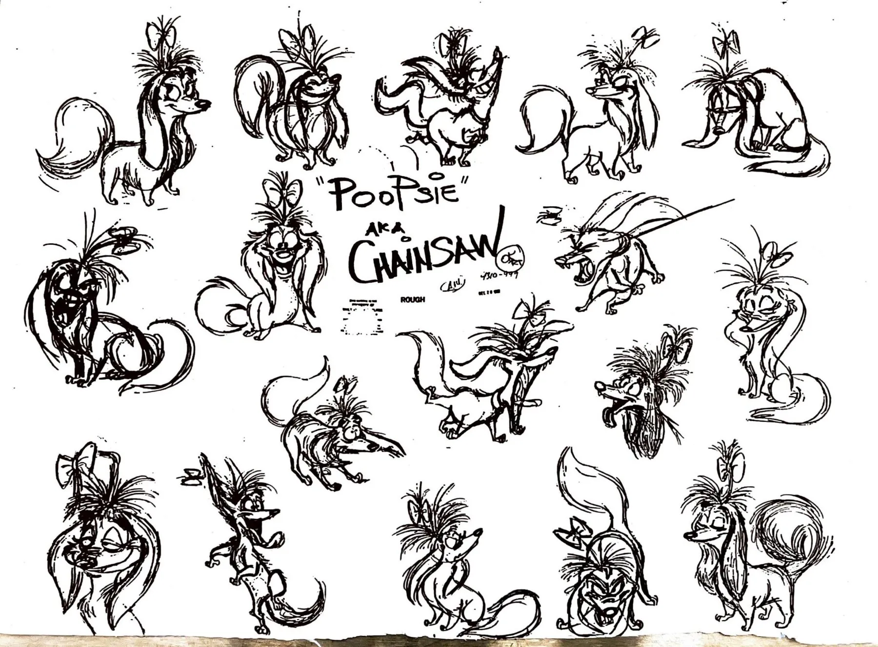 Ink rough of about twenty dog poses around hand-lettered ‘“POOPSIE” AKA CHAINSAW’ with a small ‘ROUGH’ stamp