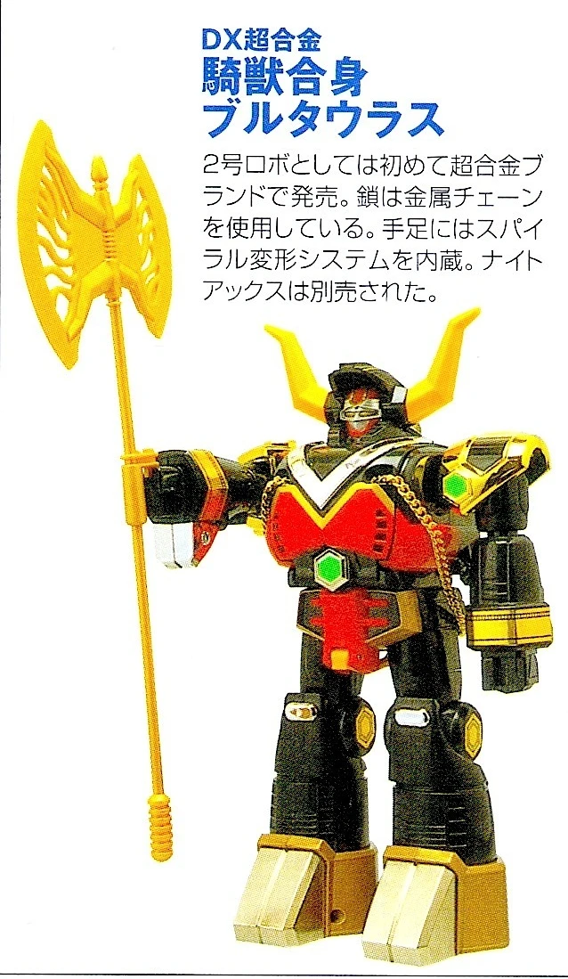 Original artbook DX product note and toy photograph of BullTaurus holding a large yellow axe.