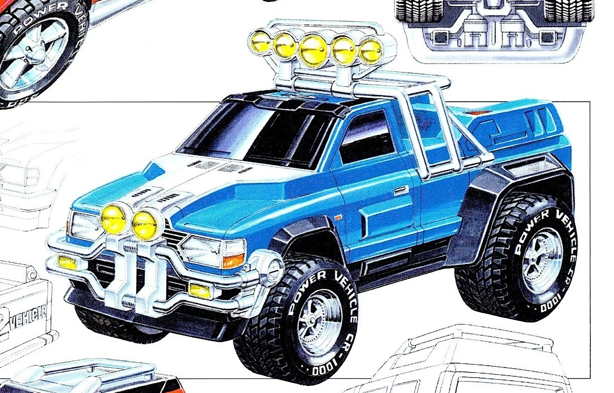 Blue pickup design with five yellow roof lamps and silver protective bars.