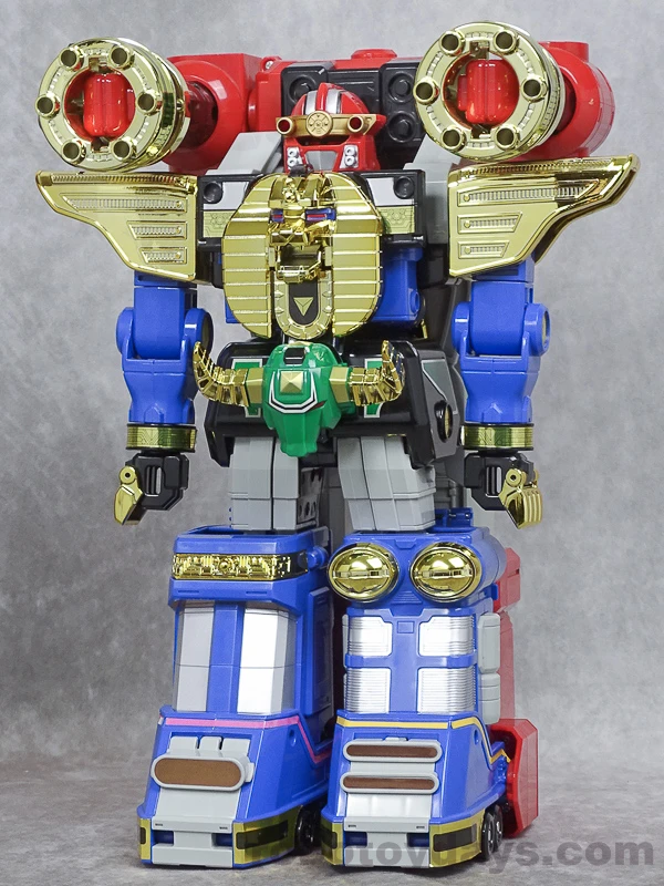 The combined Buster Ohranger Robo DX toys, with Red Puncher's two gold forearm cylinders above Ohranger Robo's shoulders and a red helmet above the gold lion chest.