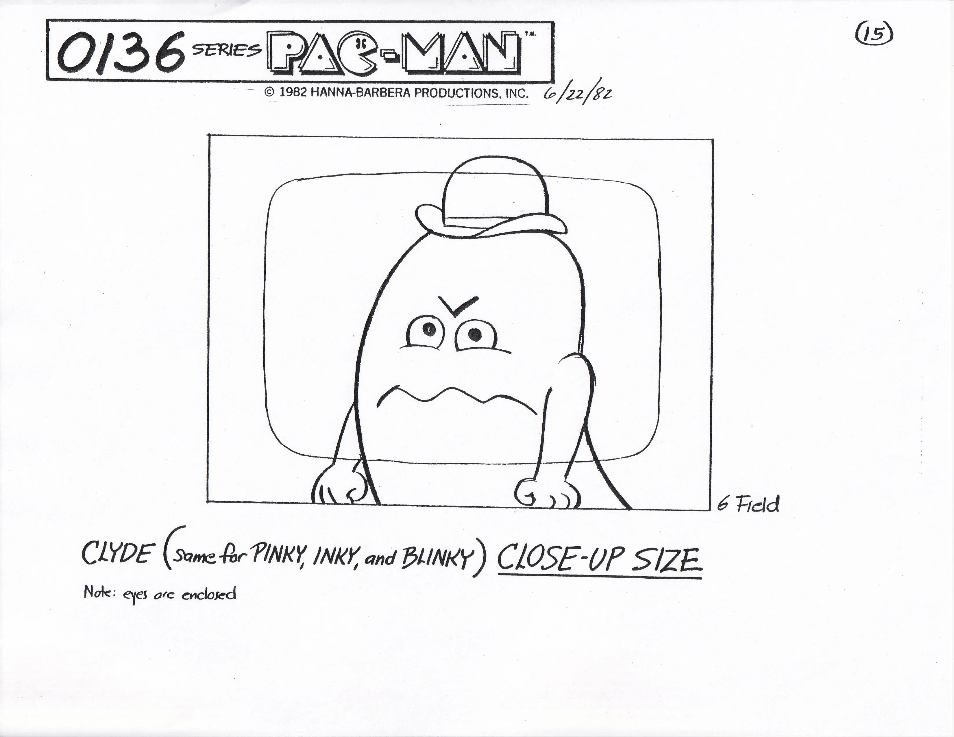 Clyde in a framed close-up, with a handwritten instruction that the same close-up size applies to Pinky, Inky and Blinky.