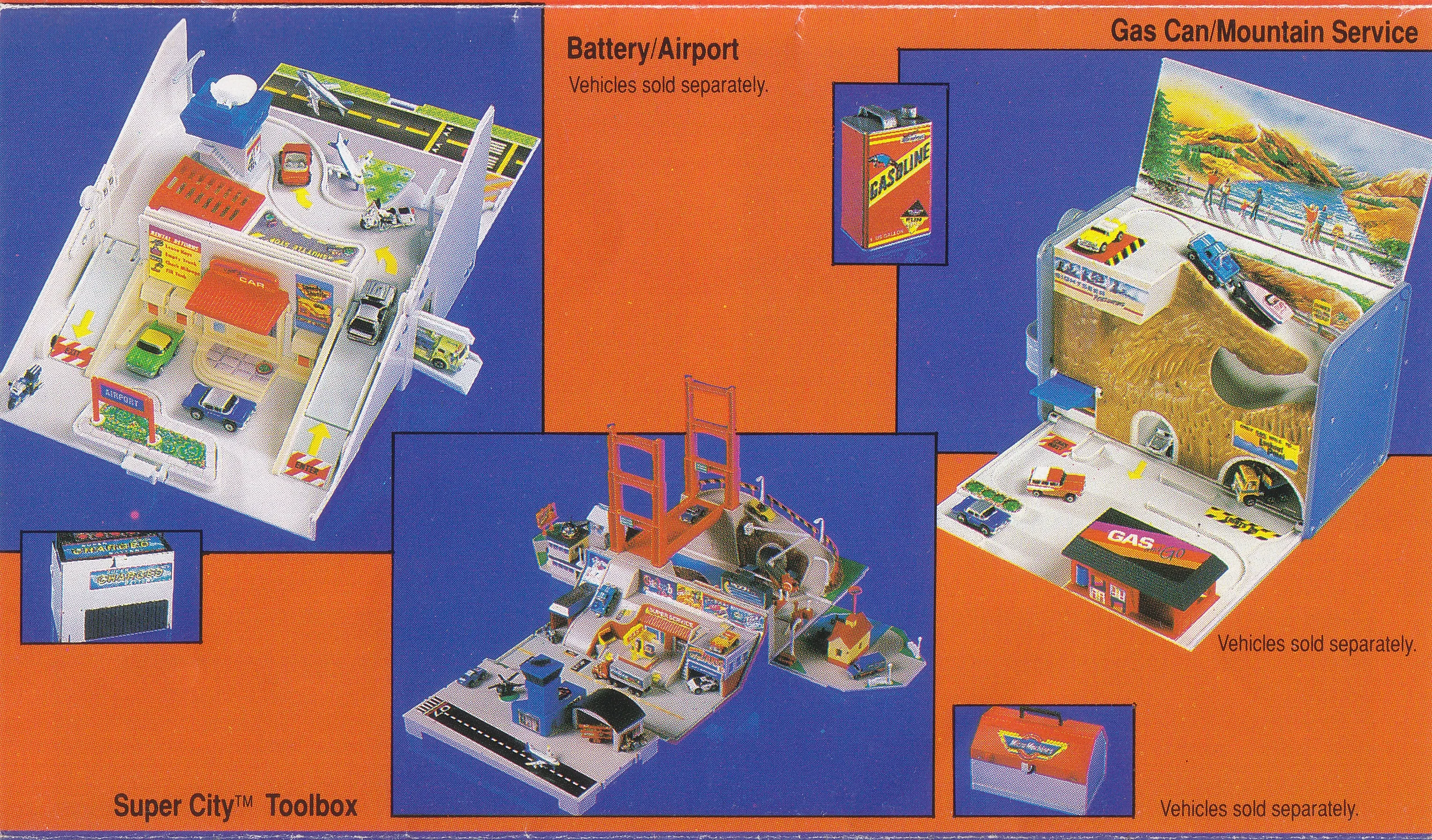 Catalogue page pairing a white battery with an open airport, a red gasoline can with a mountain service playset, and a toolbox with a miniature city.