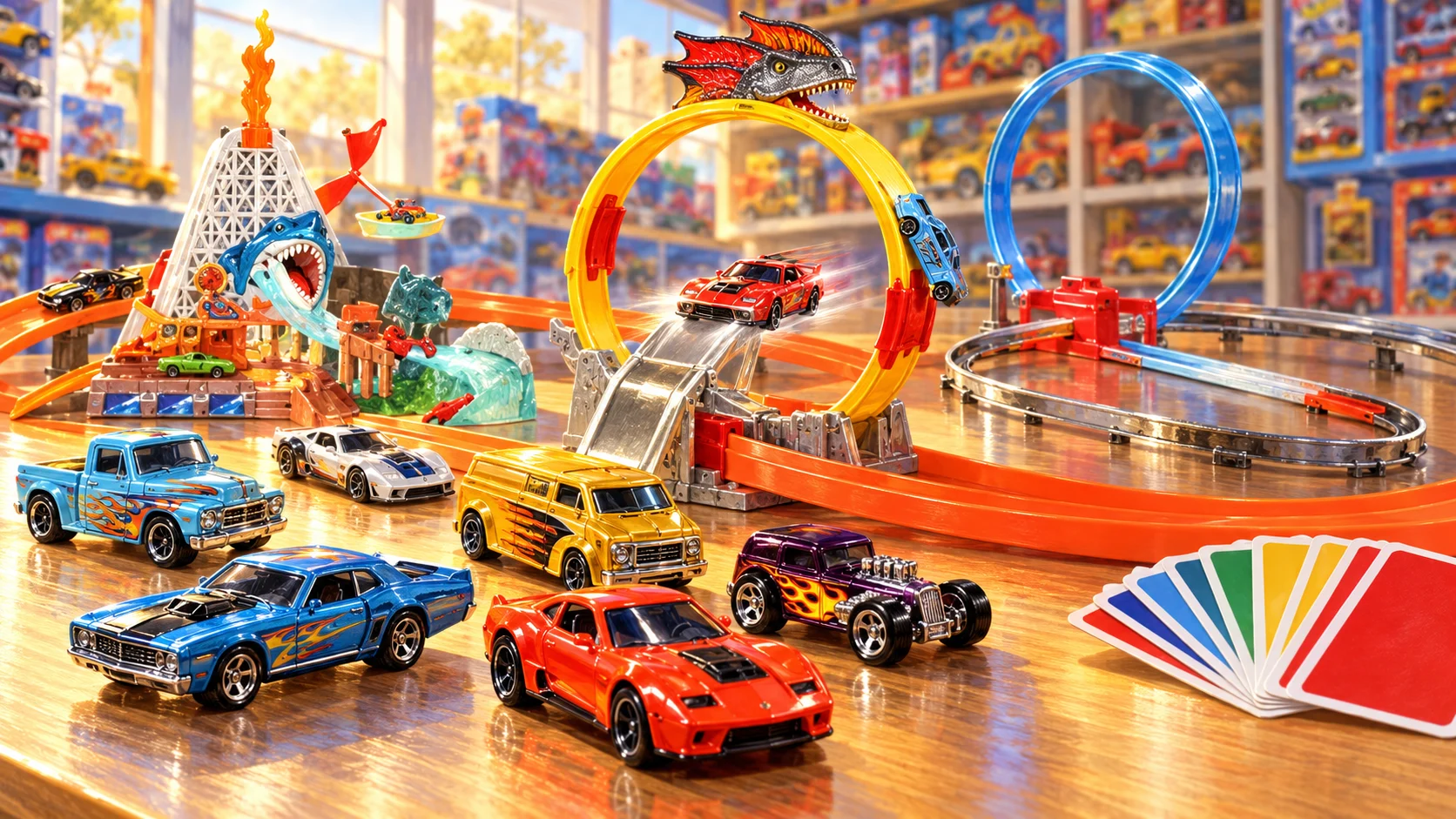 Miniature cars, a yellow dinosaur track loop, blue looping track, shark playset and blank game cards on a toy display.