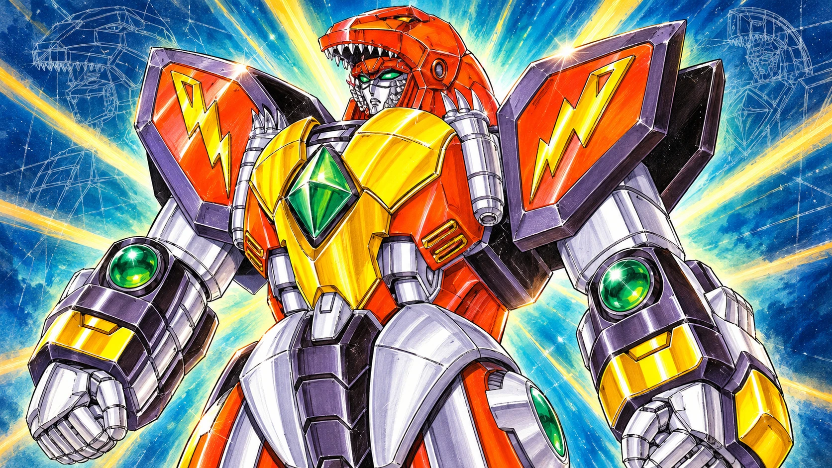 AI cover illustration of the unused NEW Daijuujin robot with an orange tyrannosaurus helmet, lightning-bolt shoulders and a green chest jewel against blue and gold painted rays.