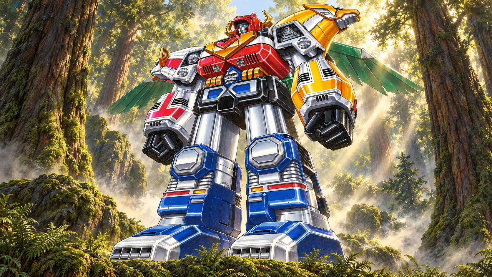 Editorial painting of red, silver and blue GingaiOh standing among mossy rocks and tall trees in an imagined sunlit forest.