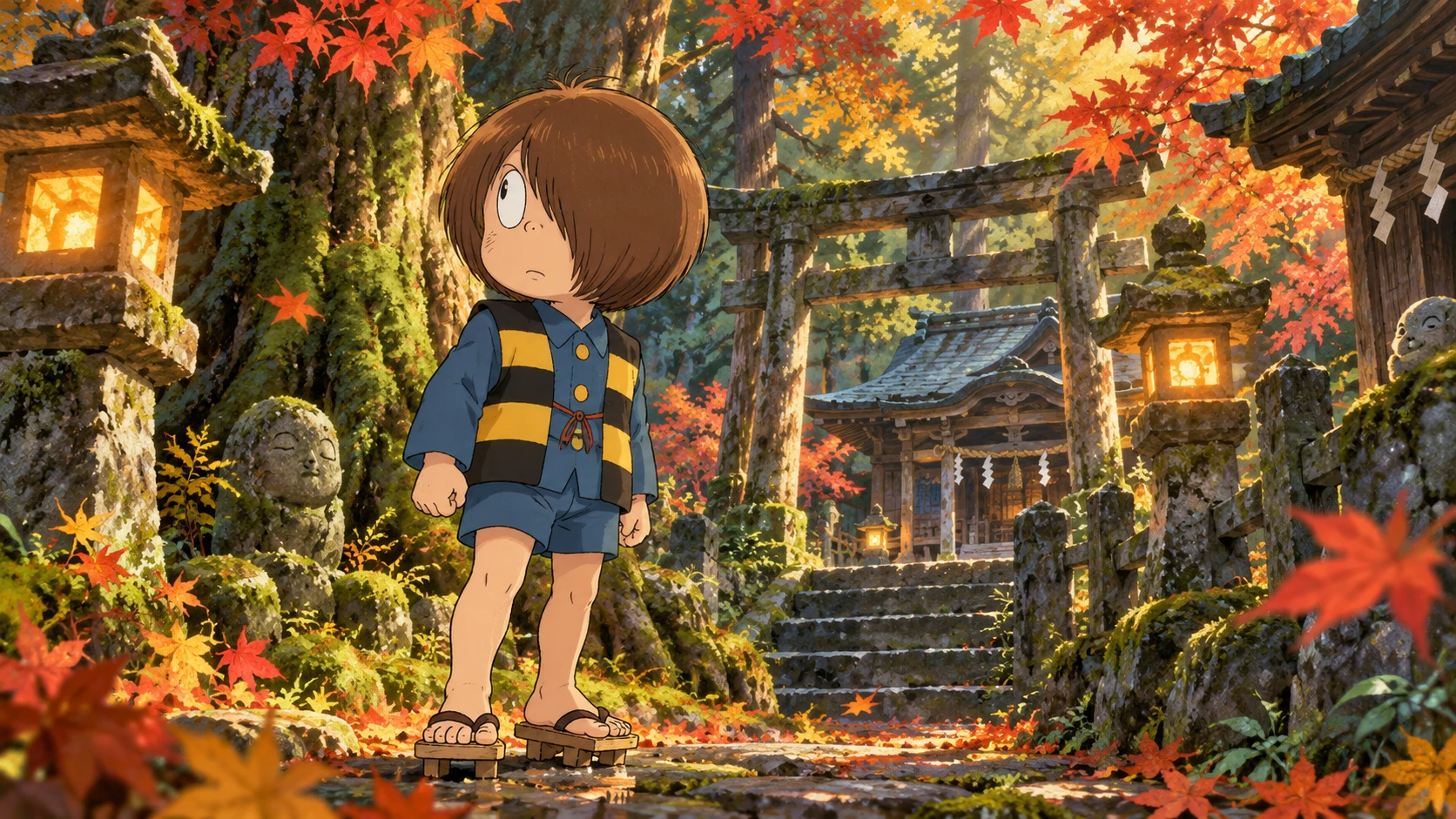Kitaro in a yellow-and-black vest and wooden geta beside a lantern-lit forest shrine.