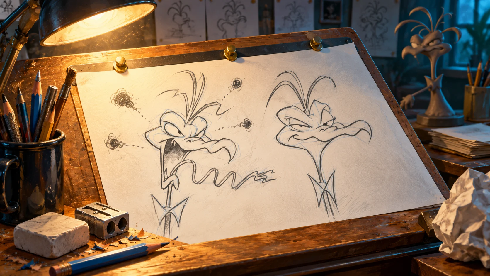 An imagined light table with graphite drawings of the expressive Wack stick-creature, pencils and a peg bar.