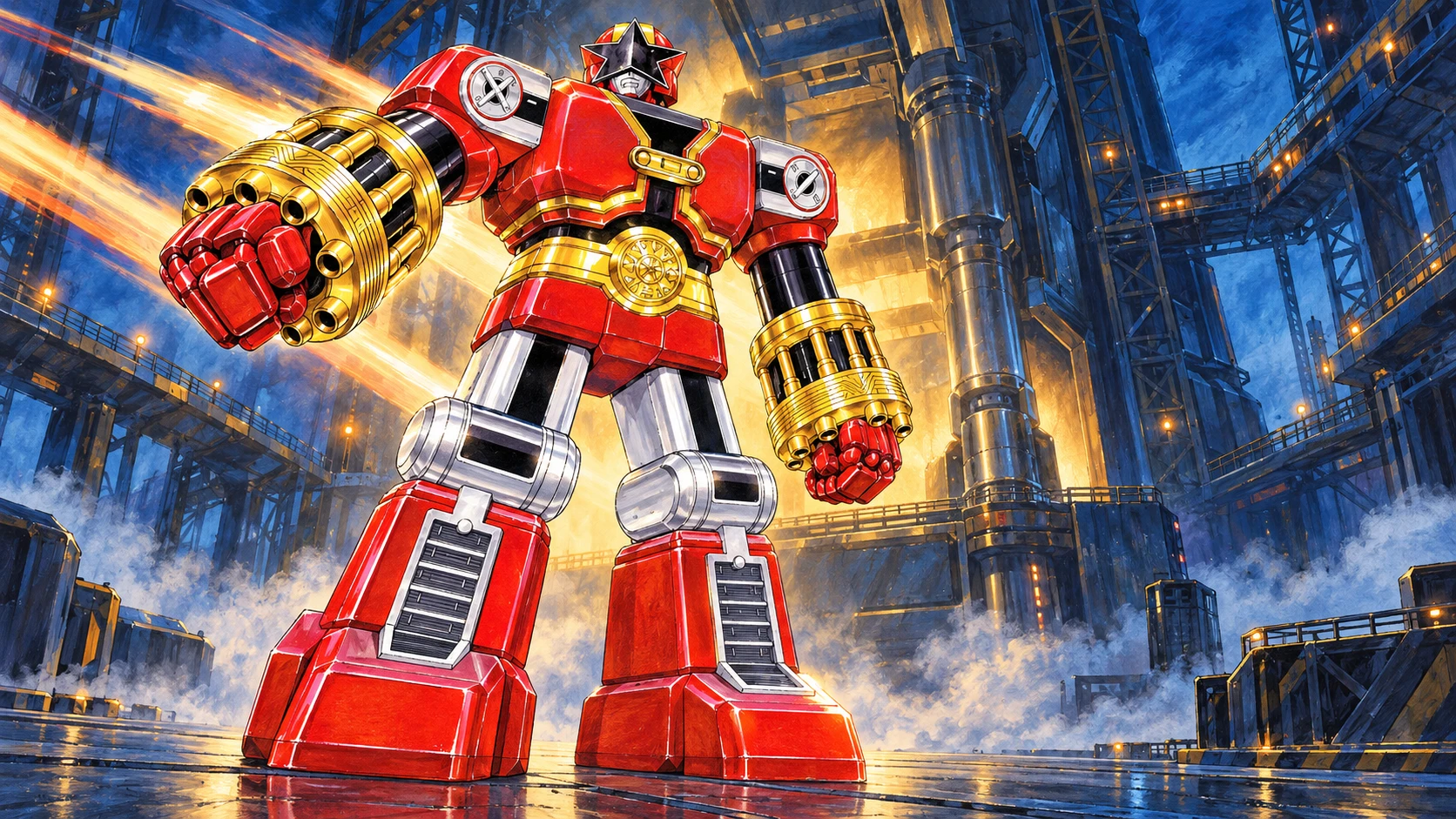 Painted AI illustration of Red Puncher in a blue industrial hangar, with a black star visor, red armor, gold cylindrical forearms and silver thighs, extending one red fist toward the viewer.