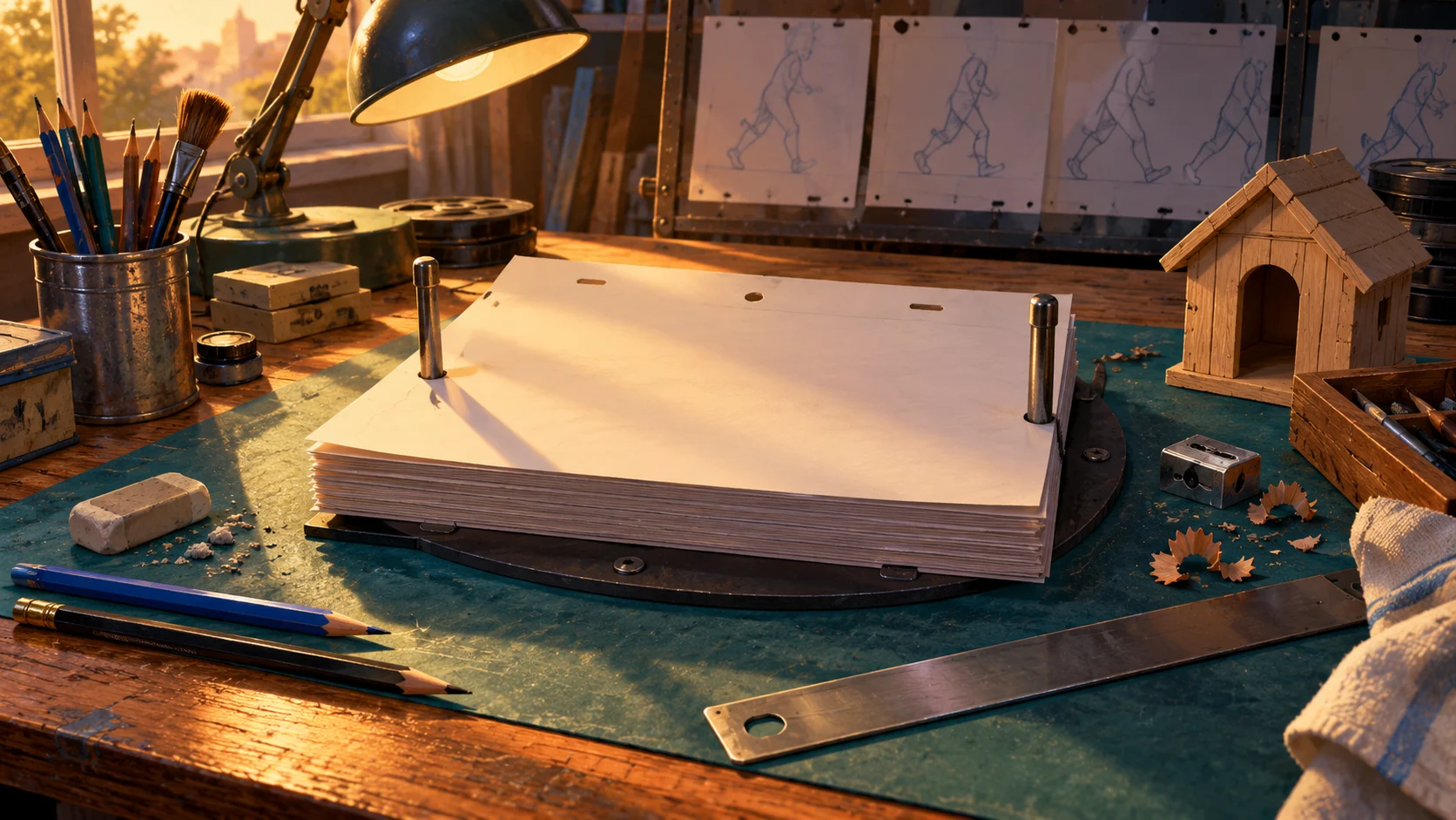 An imagined animation revision desk with graphite pencils, pegged paper, a small eraser and a toy doghouse.