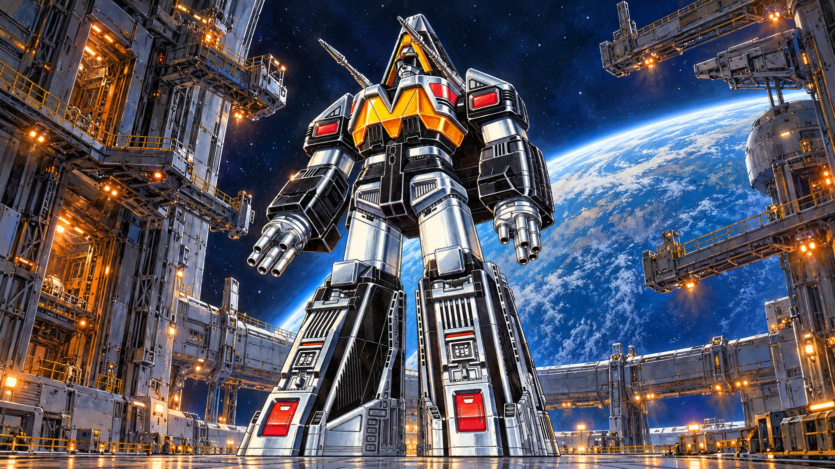 Painted silver and black Delta Mega with yellow chest standing in an orbital dock above Earth.