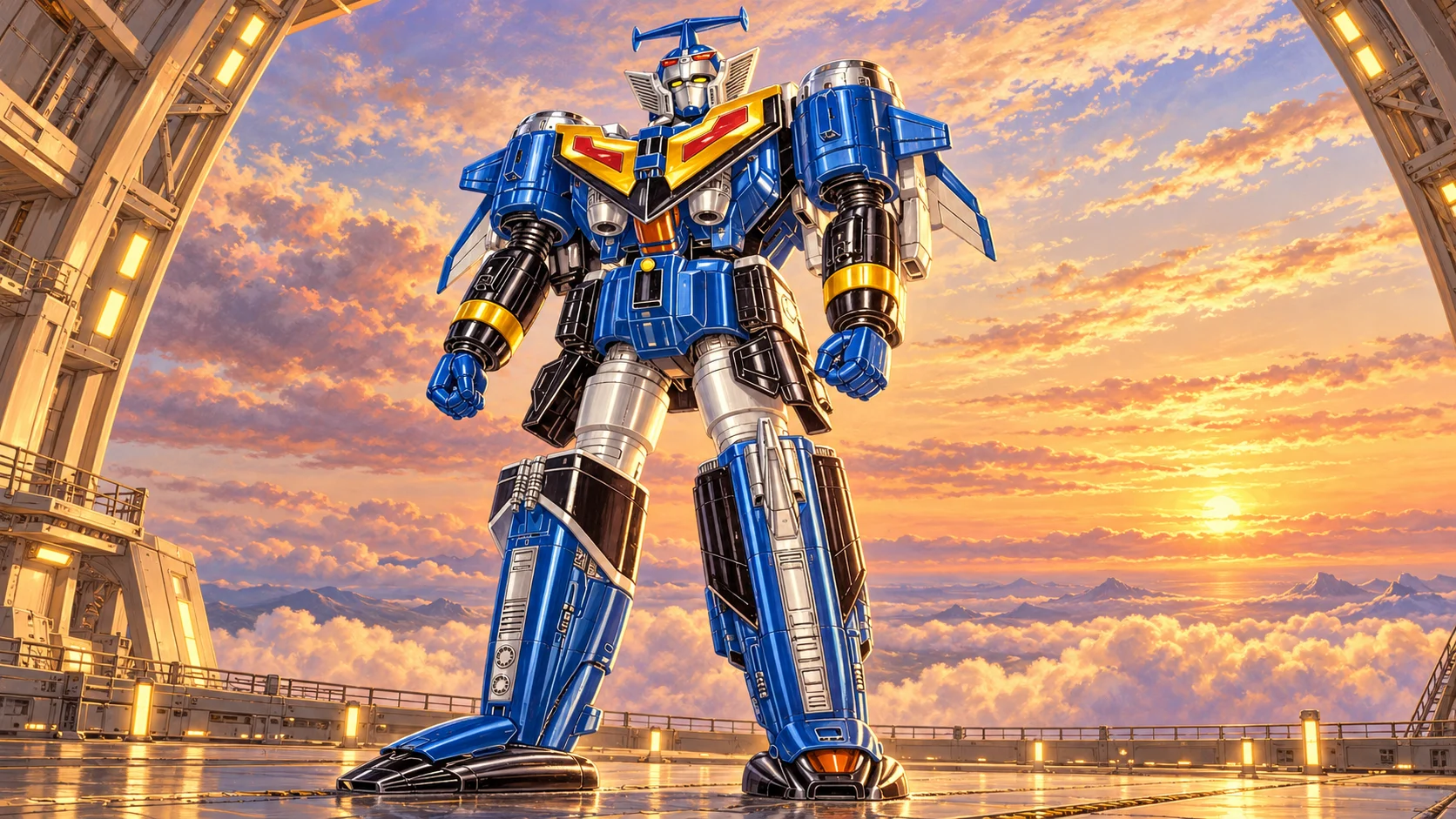 Painted blue GigaPhoenix standing in an imagined airship hangar above sunset clouds.